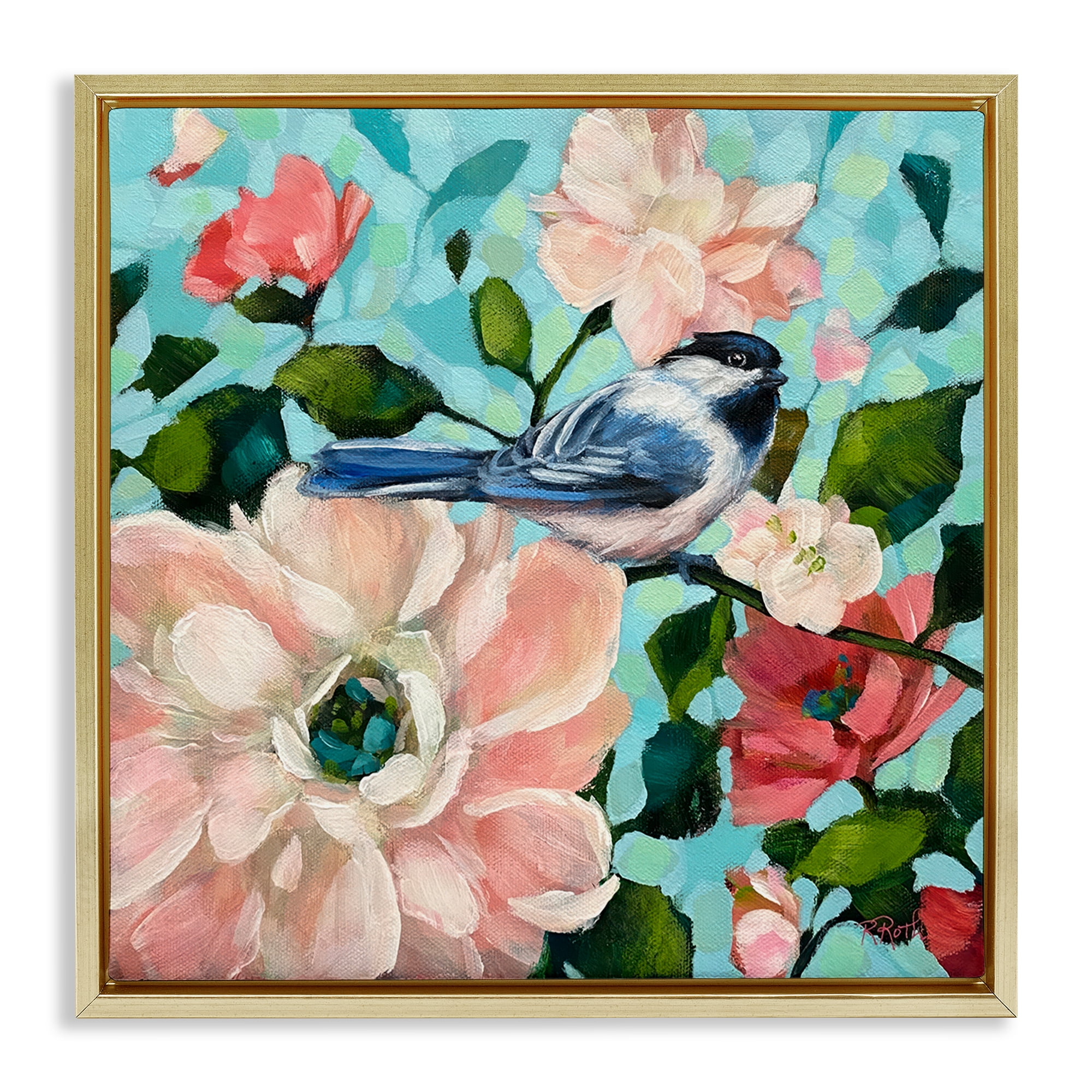 Stupell Industries Blue Bird & Bold Flowers Plants & Flowers Painting Gold Floater Framed Canvas Art Print Wall Art, 25 x 25