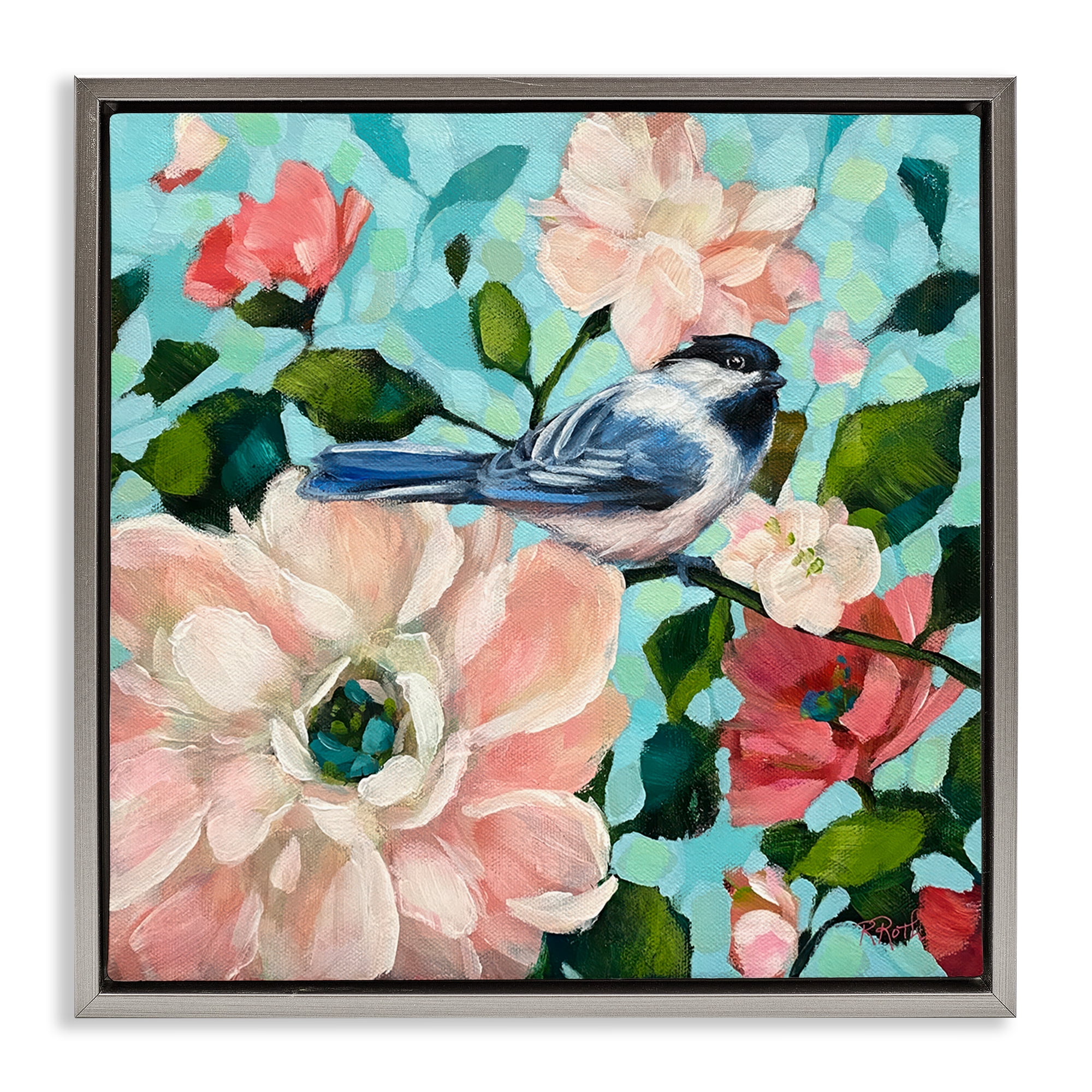 Stupell Industries Blue Bird & Bold Flowers Plants & Flowers Painting Gray Floater Framed Canvas Art Print Wall Art, 18 x 18
