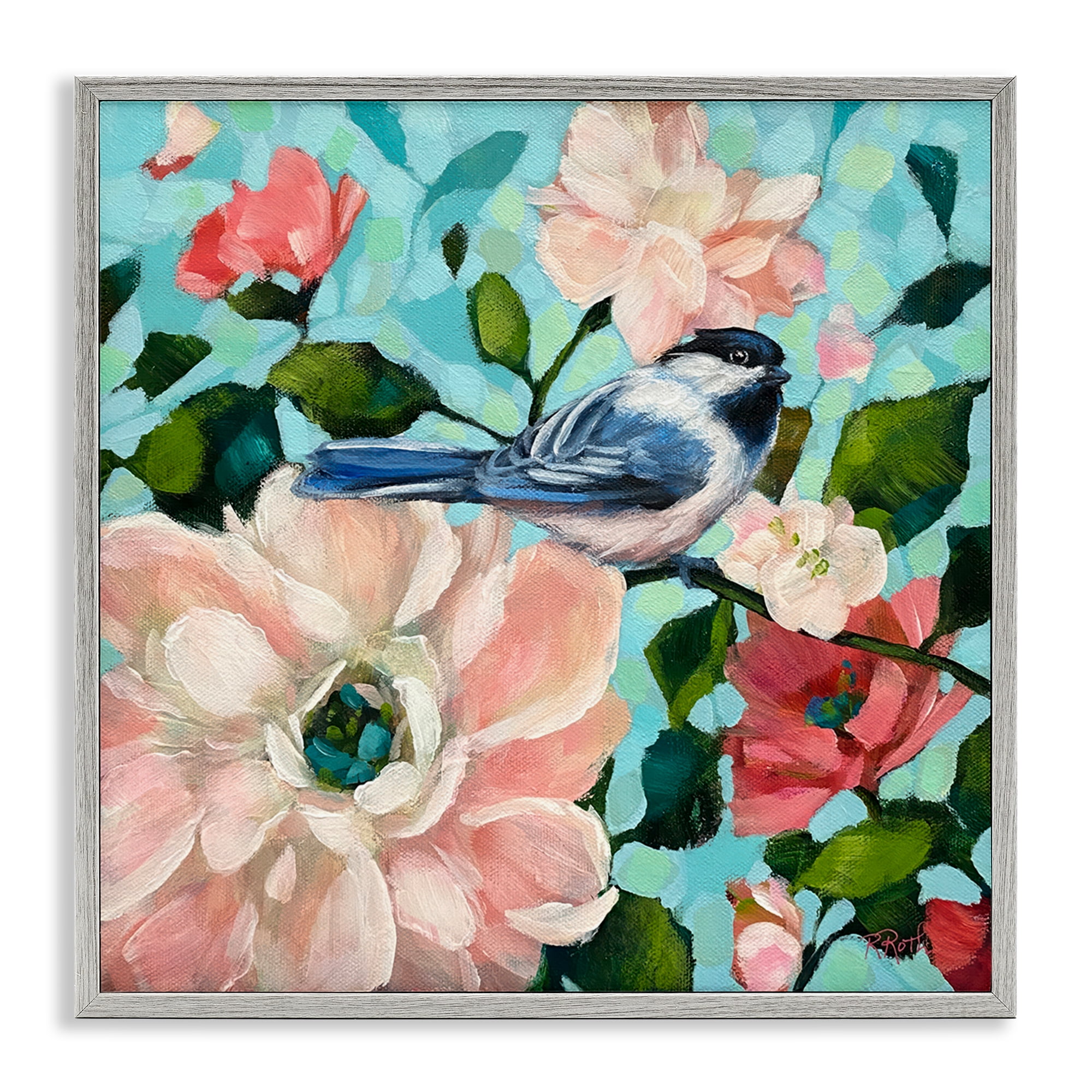 Stupell Industries Blue Bird & Bold Flowers Plants & Flowers Painting Gray Framed Art Print Wall Art, 12 x 12