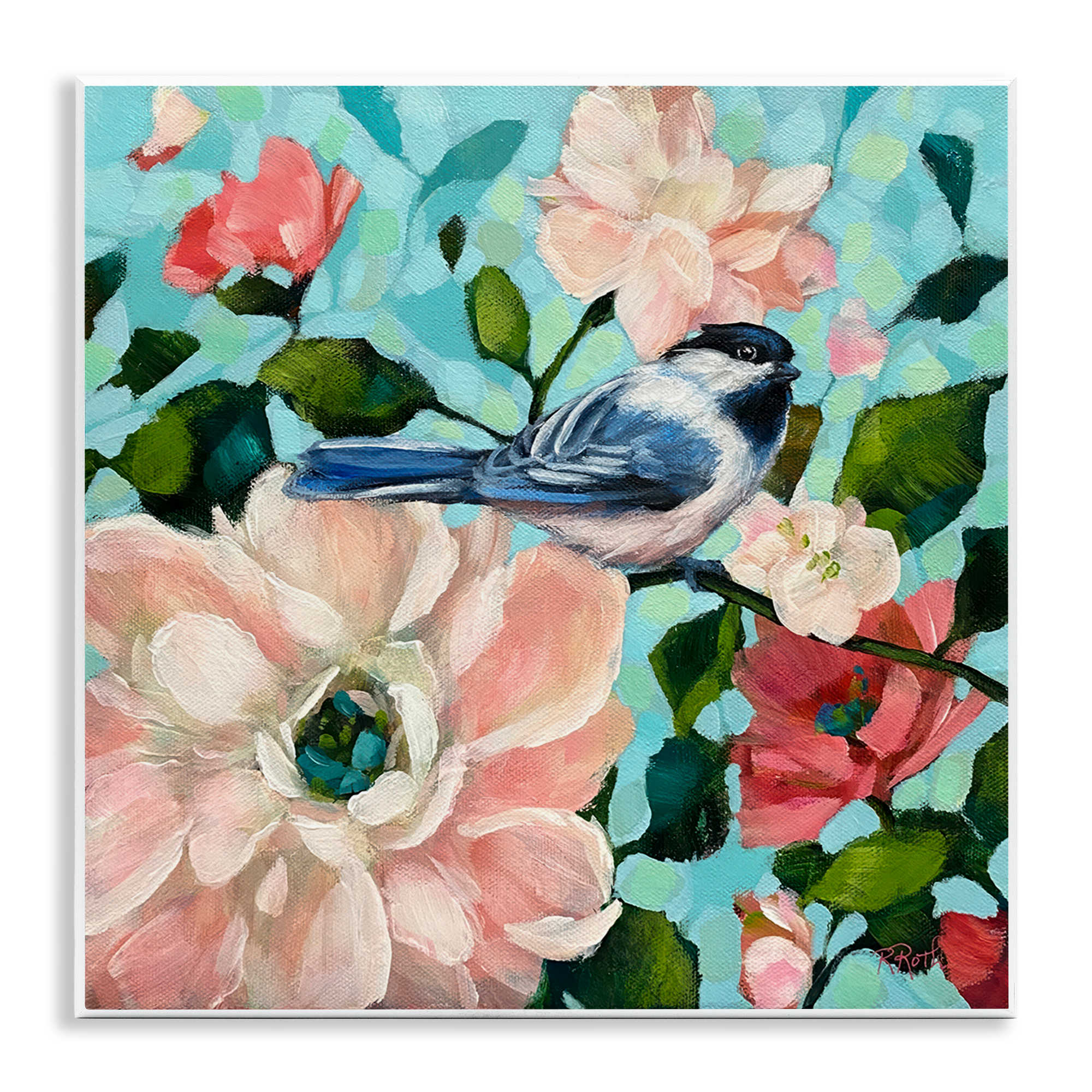 Stupell Industries Blue Bird & Bold Flowers Plants & Flowers Painting Unframed Art Print Wall Art, 12 x 12