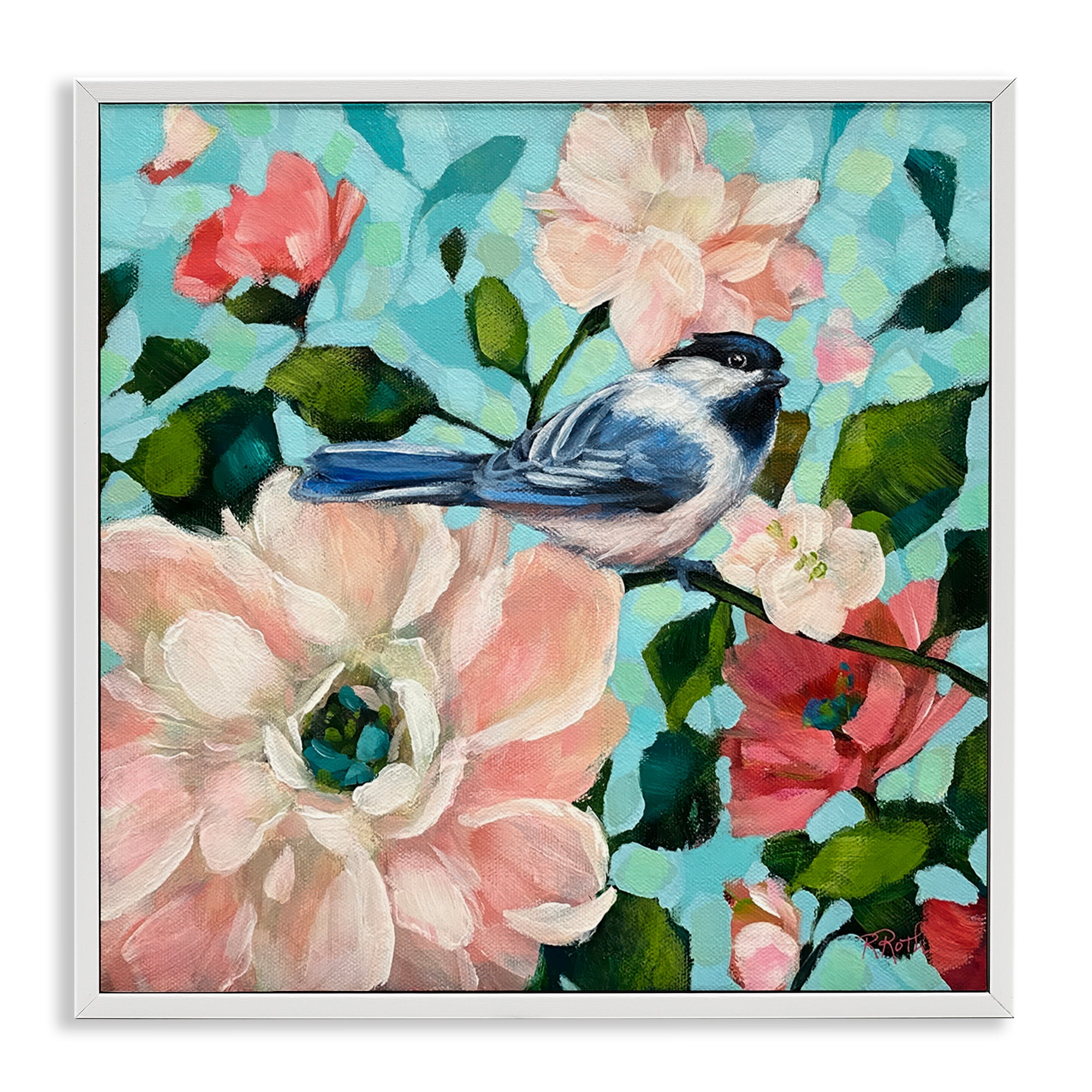 Stupell Industries Blue Bird & Bold Flowers Plants & Flowers Painting White Framed Art Print Wall Art, 17 x 17