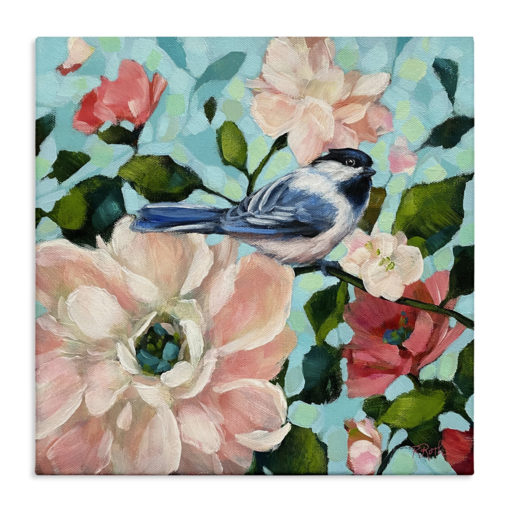 Stupell Industries Blue Bird & Bold Flowers Plants & Flowers Painting Wrapped Canvas Art Print Wall Art, 17 x 17
