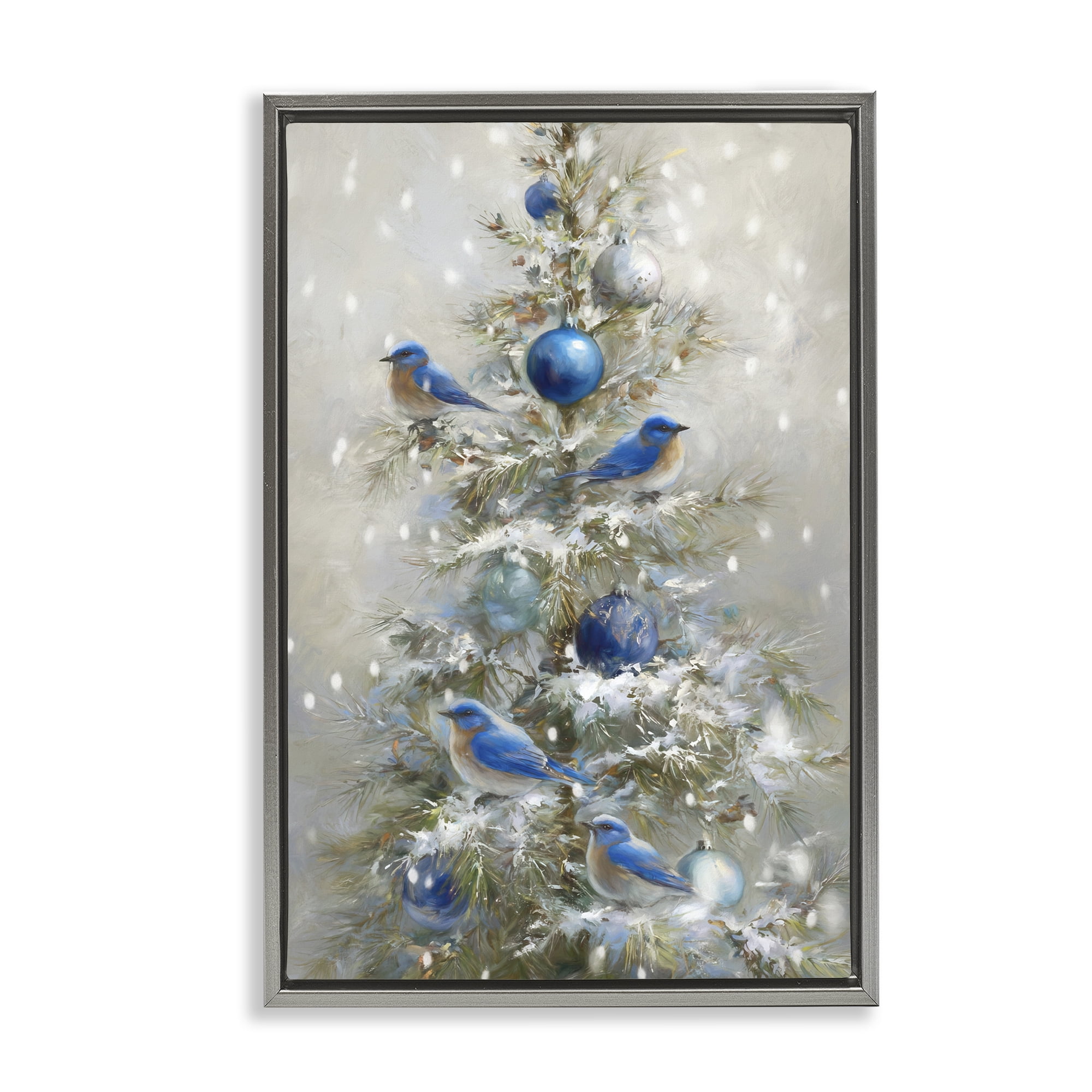 Stupell Industries Blue Bird Christmas Tree Gray Framed Floater Canvas Wall Art, design by Tina LeCour