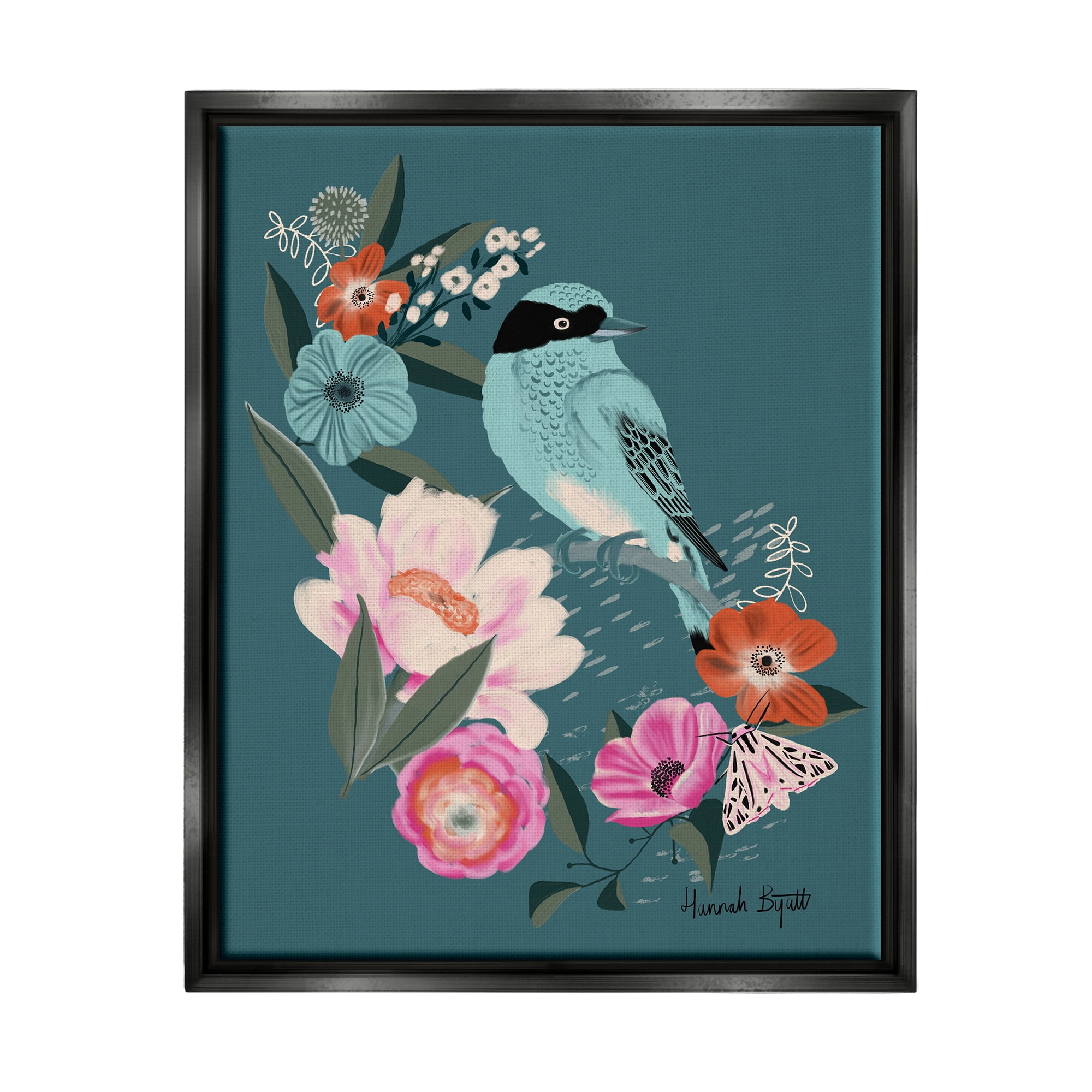 Stupell Industries Blue Bird & Flowers Animals & Insects Painting Black Floater Framed Art Print Wall Art, 17 x 21