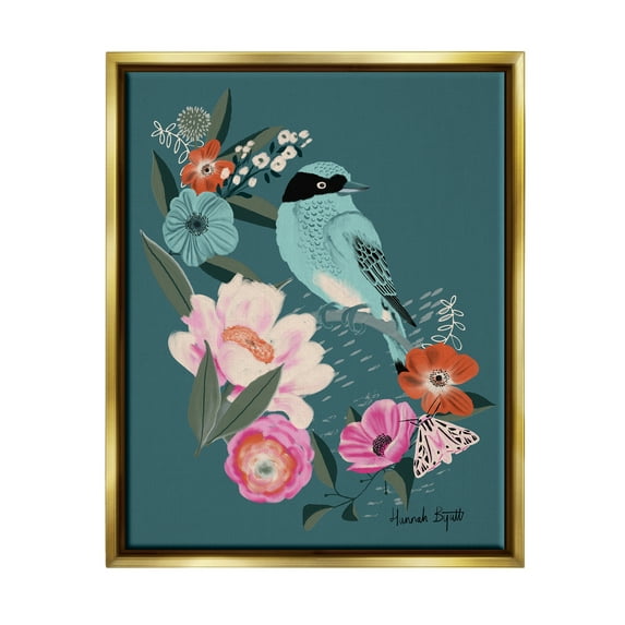 Stupell Industries Blue Bird & Flowers Animals & Insects Painting Gold Floater Framed Art Print Wall Art, 17 x 21