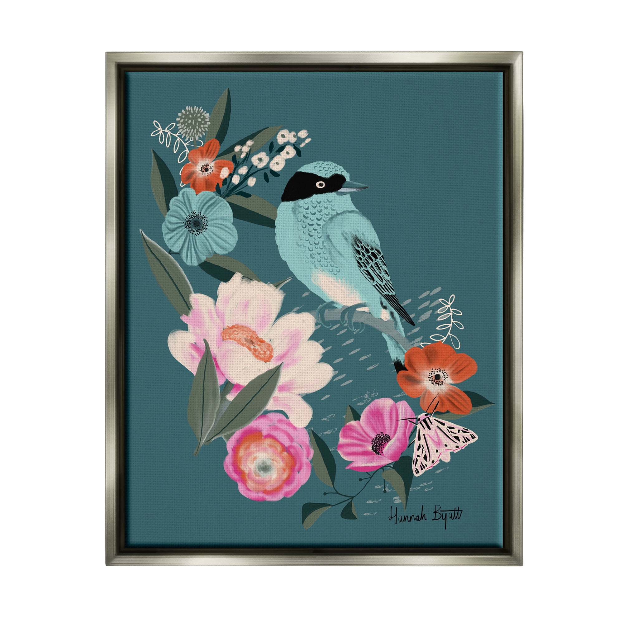 Stupell Industries Blue Bird & Flowers Animals & Insects Painting Gray Floater Framed Art Print Wall Art, 17 x 21