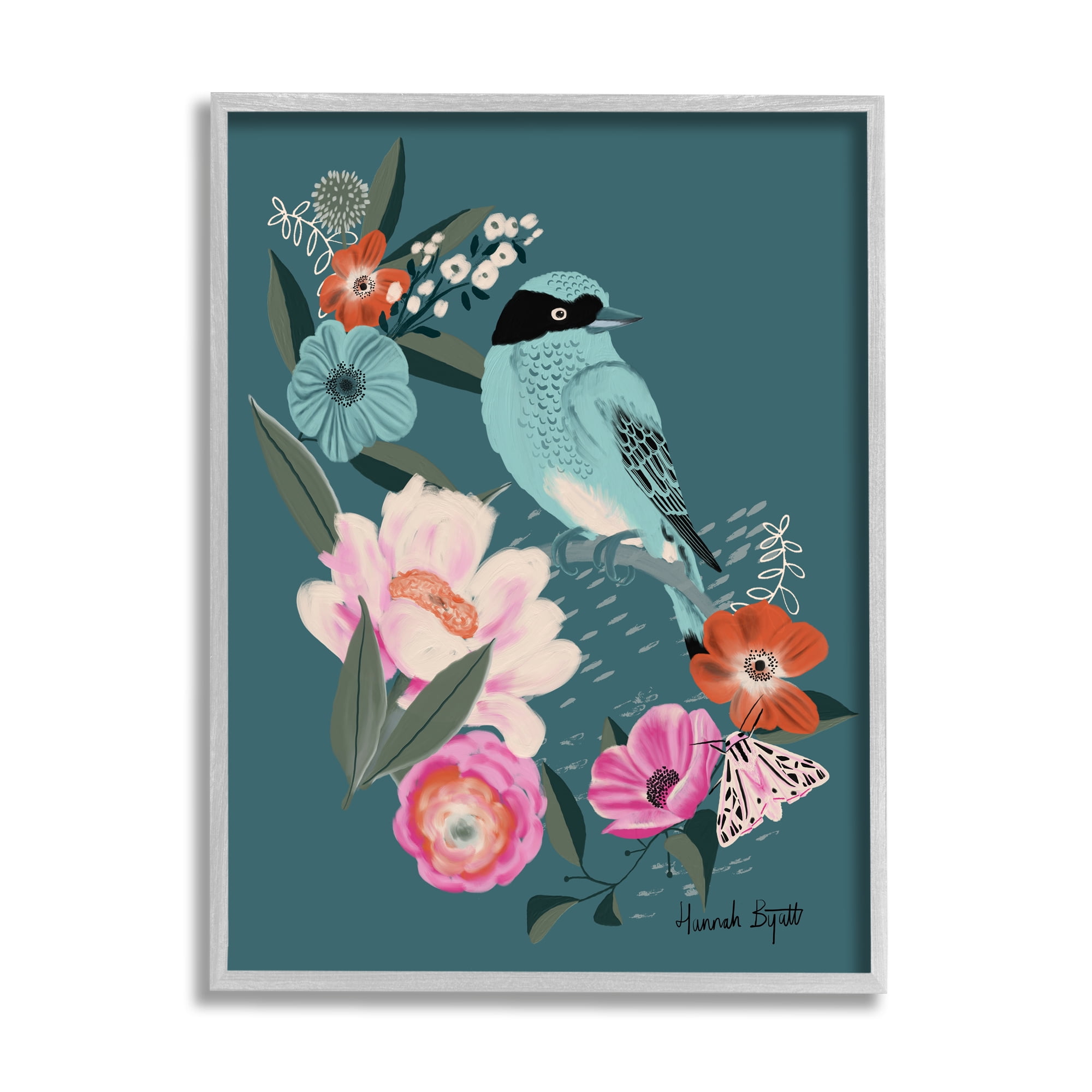 Stupell Industries Blue Bird & Flowers Animals & Insects Painting Gray Framed Art Print Wall Art, 24 x 30