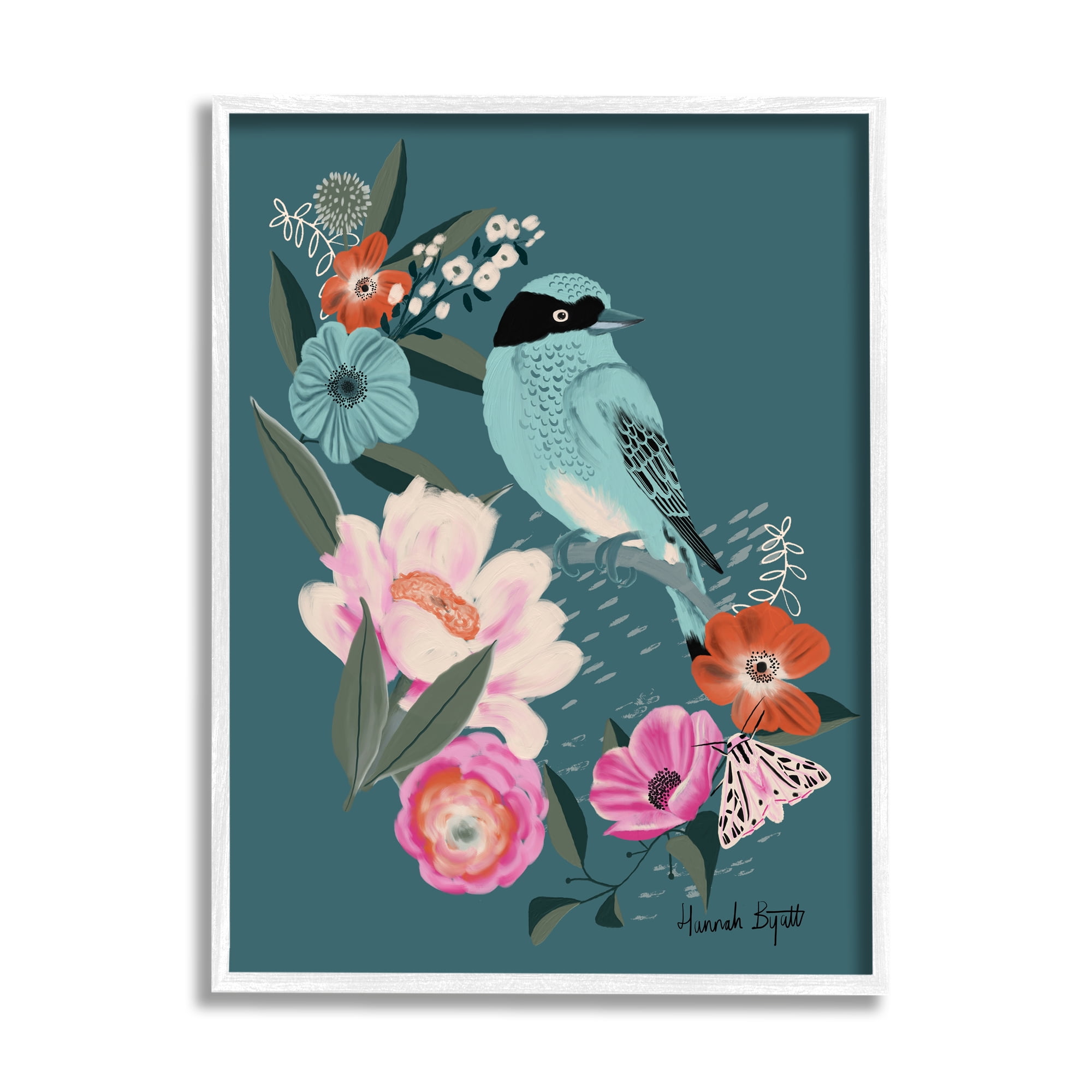 Stupell Industries Blue Bird & Flowers Animals & Insects Painting White Framed Art Print Wall Art, 16 x 20
