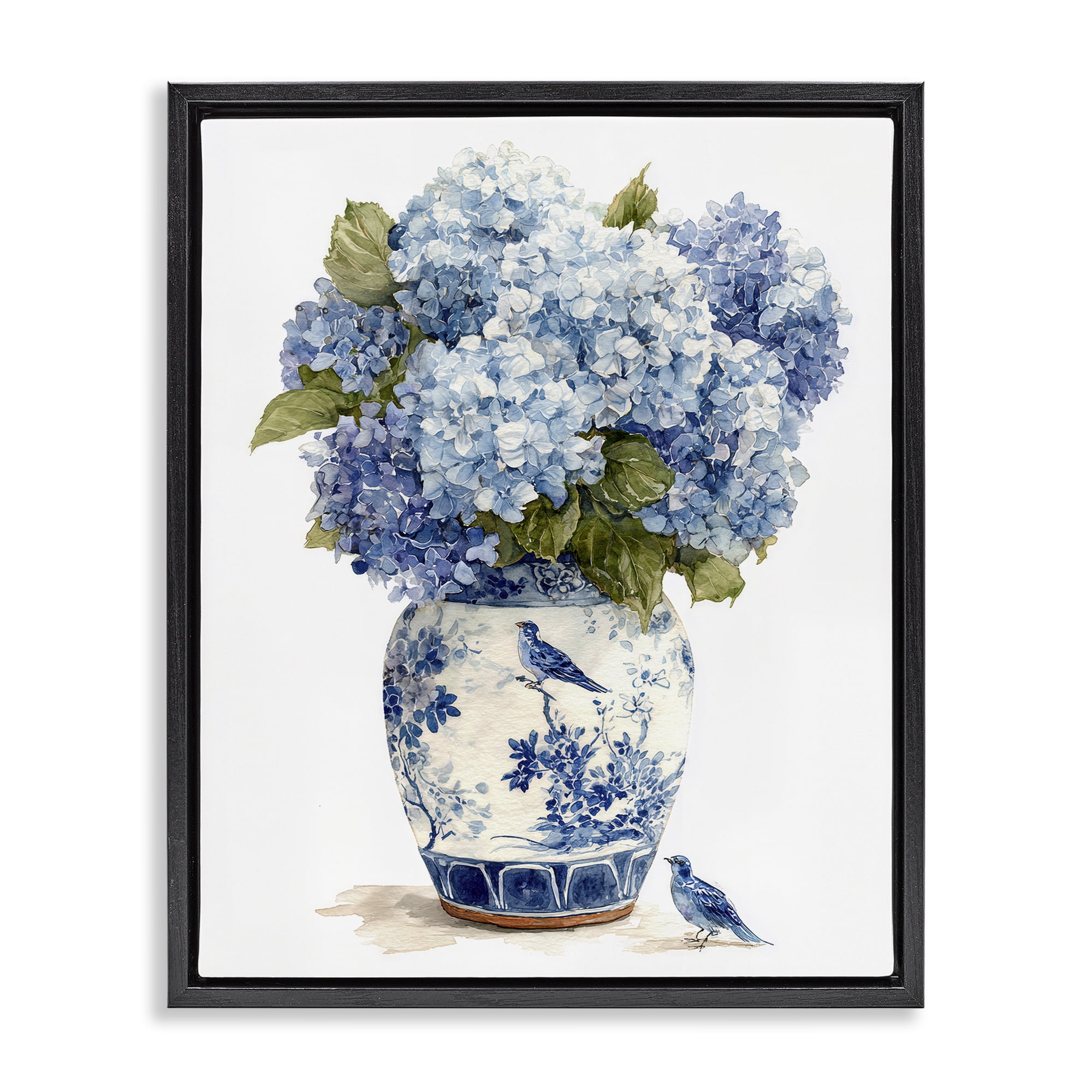 Stupell Industries Blue Bird & Hydrangea Vase Black Framed Floater Canvas Wall Art, design by Imagine It Images