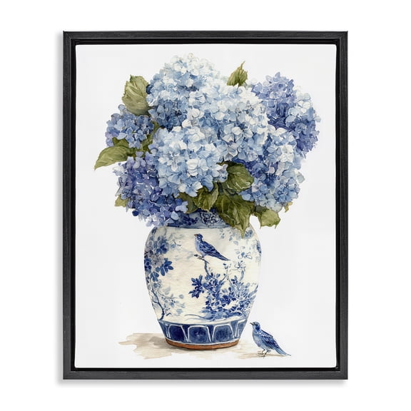 Stupell Industries Blue Bird & Hydrangea Vase Black Framed Floater Canvas Wall Art, design by Imagine It Images