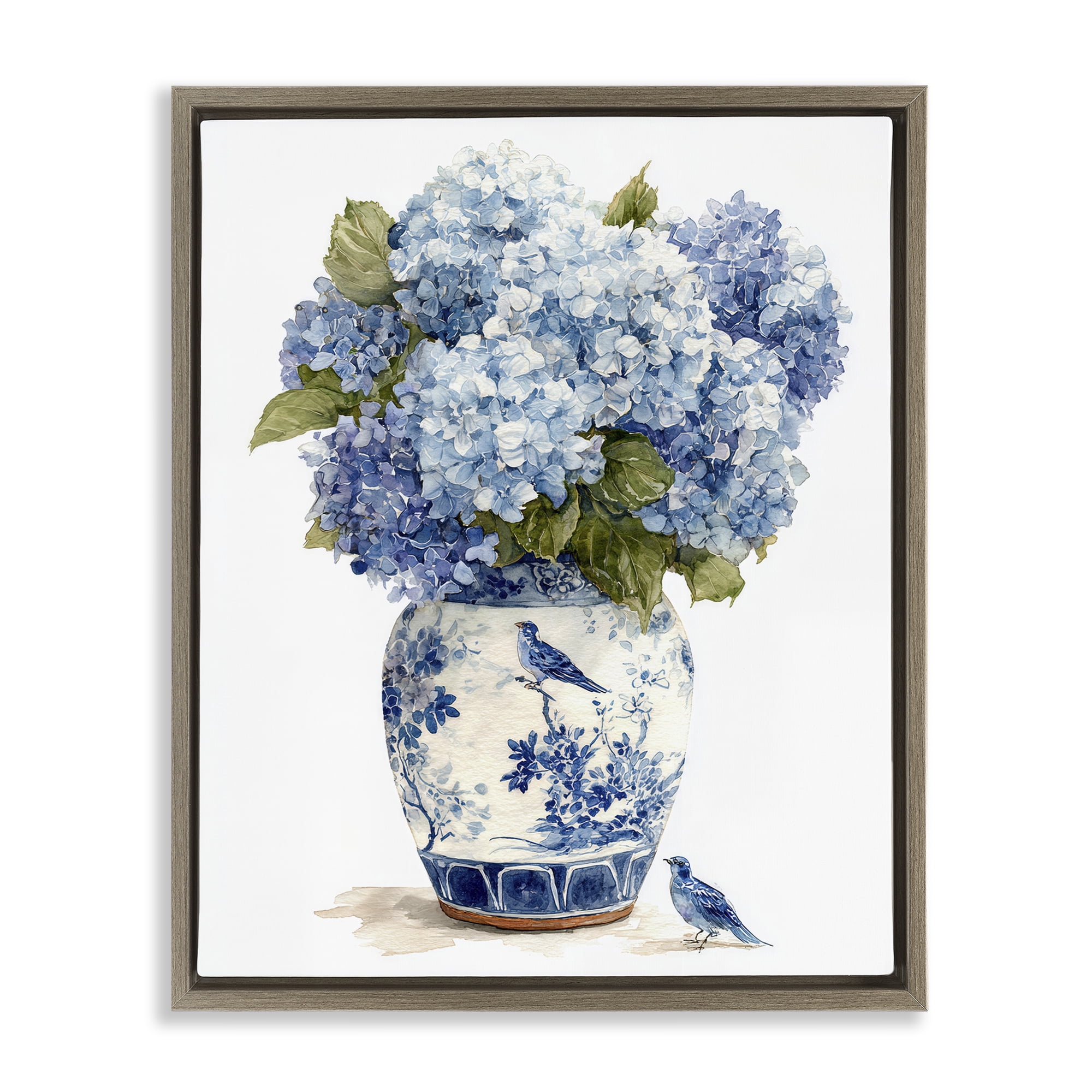 Stupell Industries Blue Bird & Hydrangea Vase Brown Framed Floater Canvas Wall Art, design by Imagine It Images