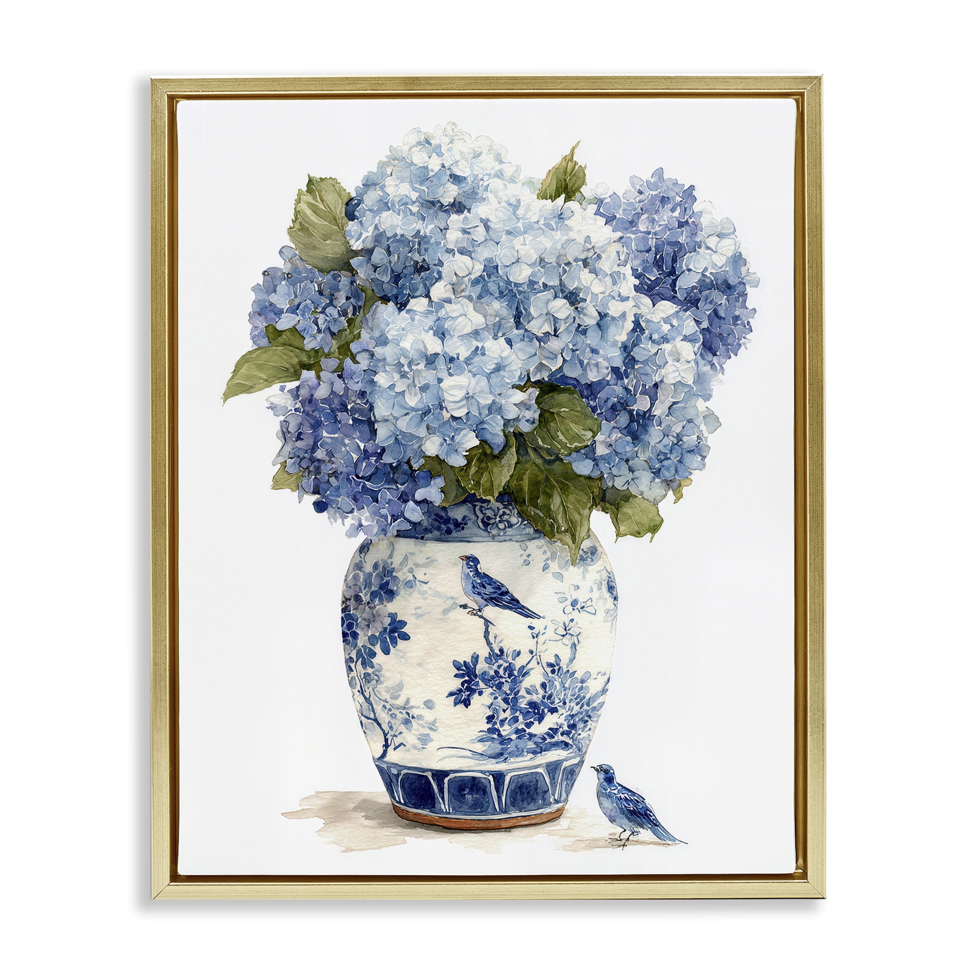 Stupell Industries Blue Bird & Hydrangea Vase Gold Framed Floater Canvas Wall Art, design by Imagine It Images