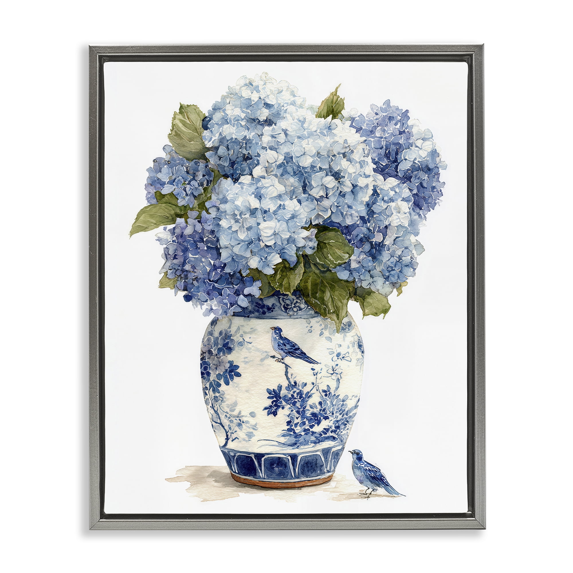 Stupell Industries Blue Bird & Hydrangea Vase Gray Framed Floater Canvas Wall Art, design by Imagine It Images