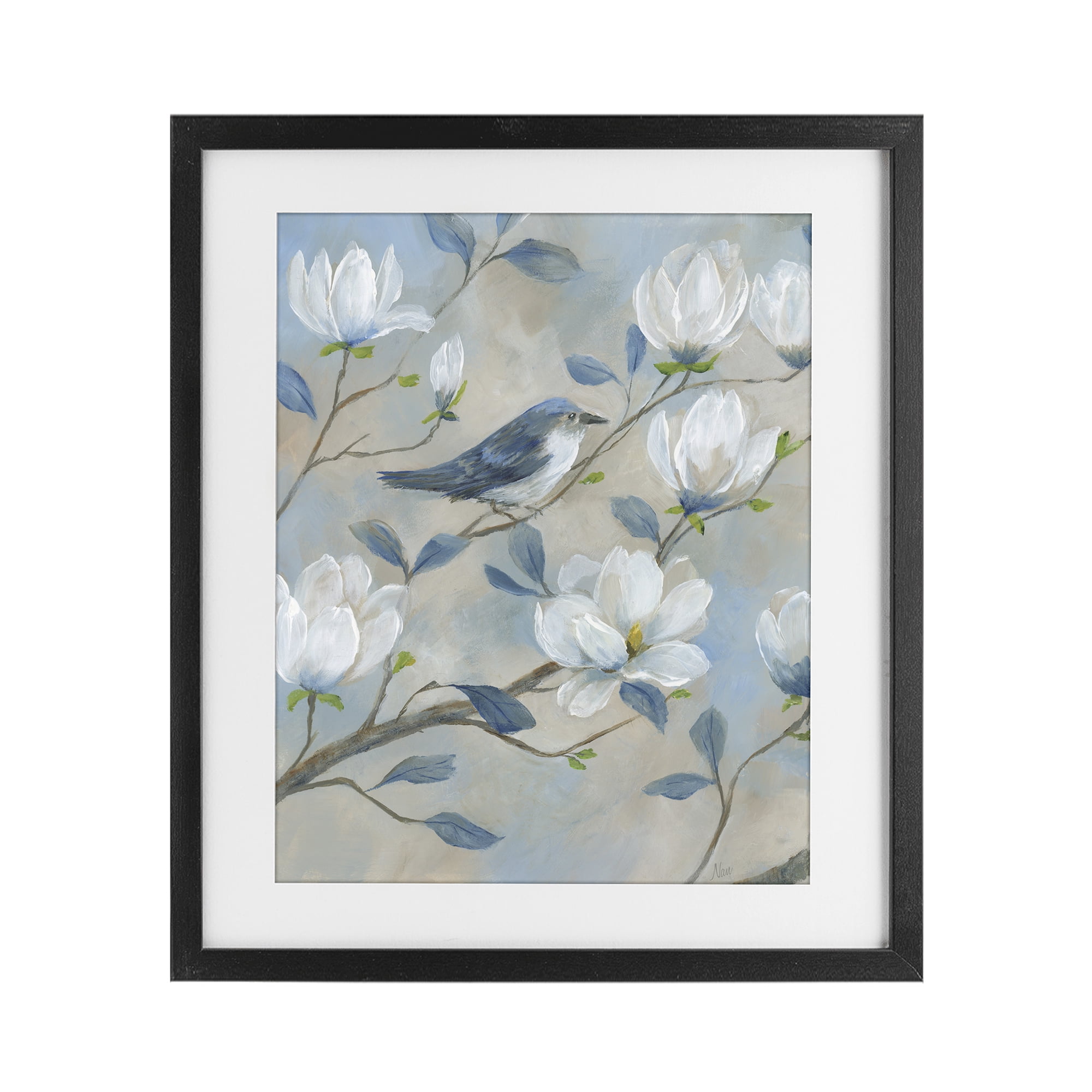 Stupell Industries Blue Bird & Magnolia Black Framed Print Under Glass, design by Nan