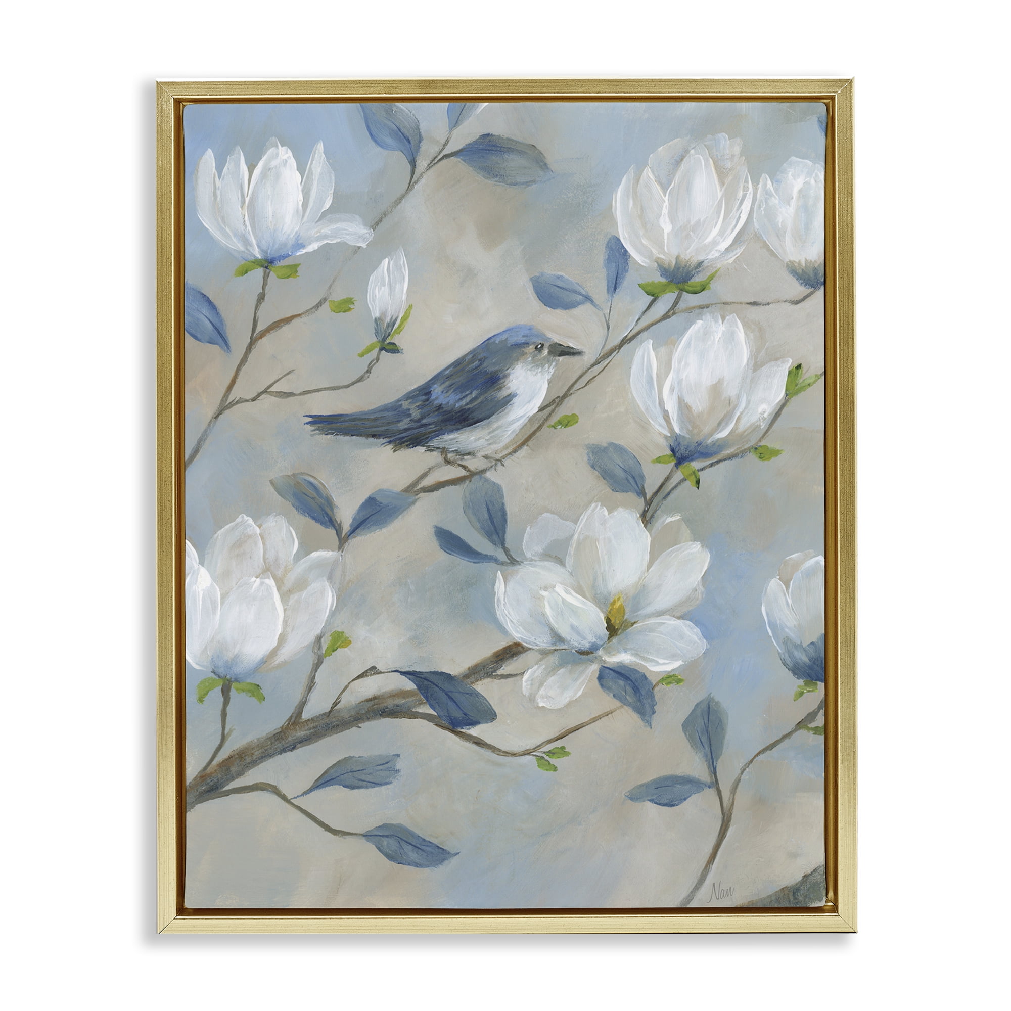 Stupell Industries Blue Bird & Magnolia Gold Framed Floater Canvas Wall Art, design by Nan