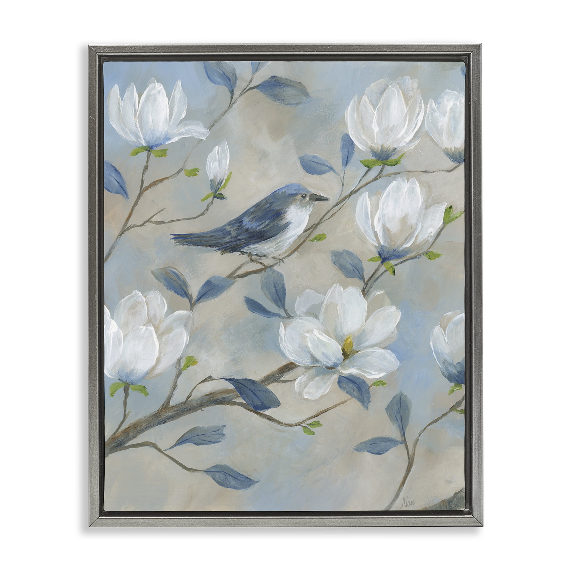 Stupell Industries Blue Bird & Magnolia Gray Framed Floater Canvas Wall Art, design by Nan