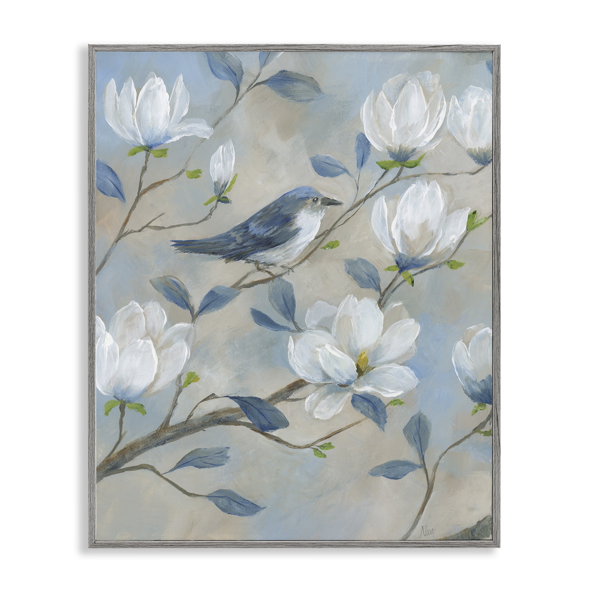 Stupell Industries Blue Bird & Magnolia Gray Framed Giclee Art, design by Nan