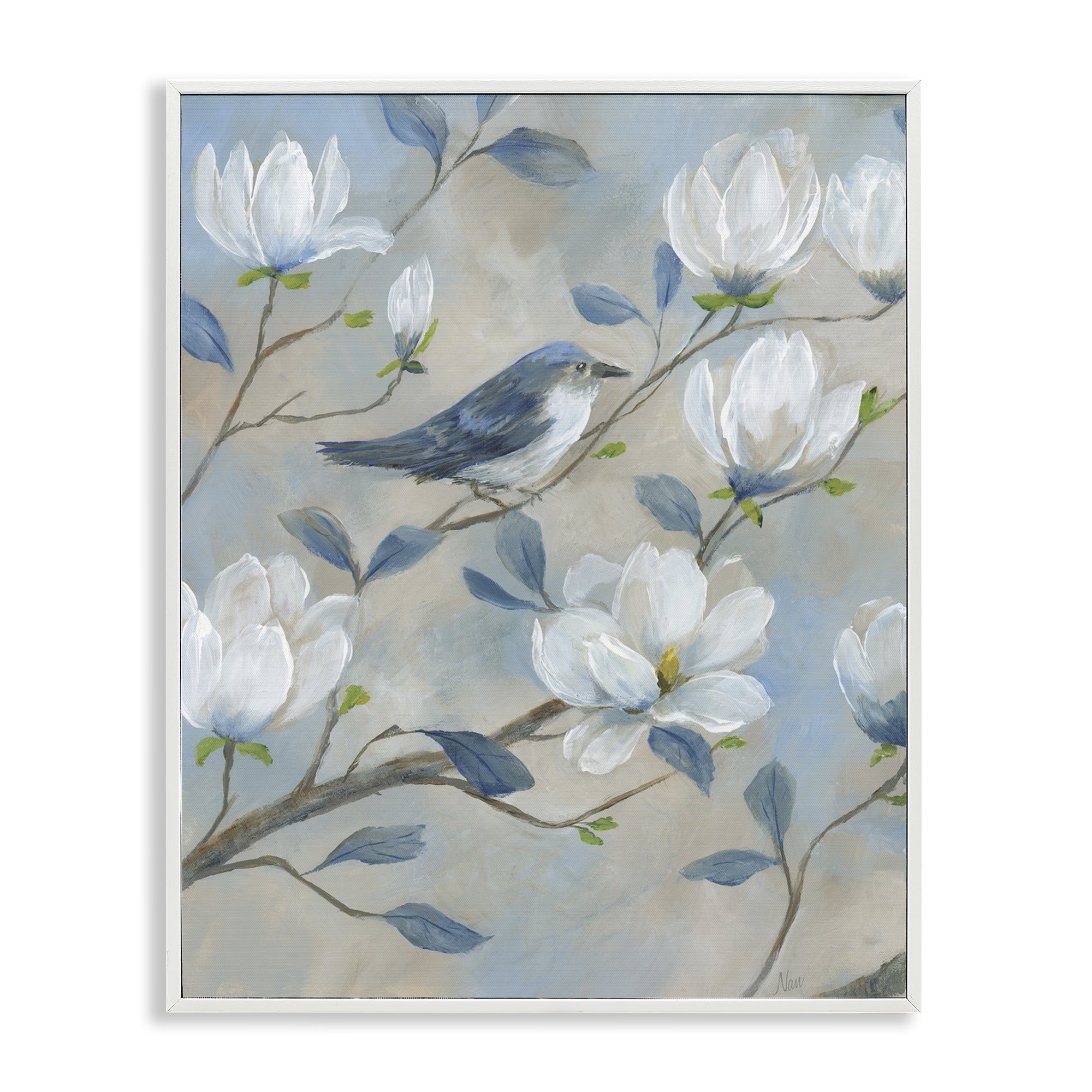 Stupell Industries Blue Bird & Magnolia White Framed Giclee Art, design by Nan