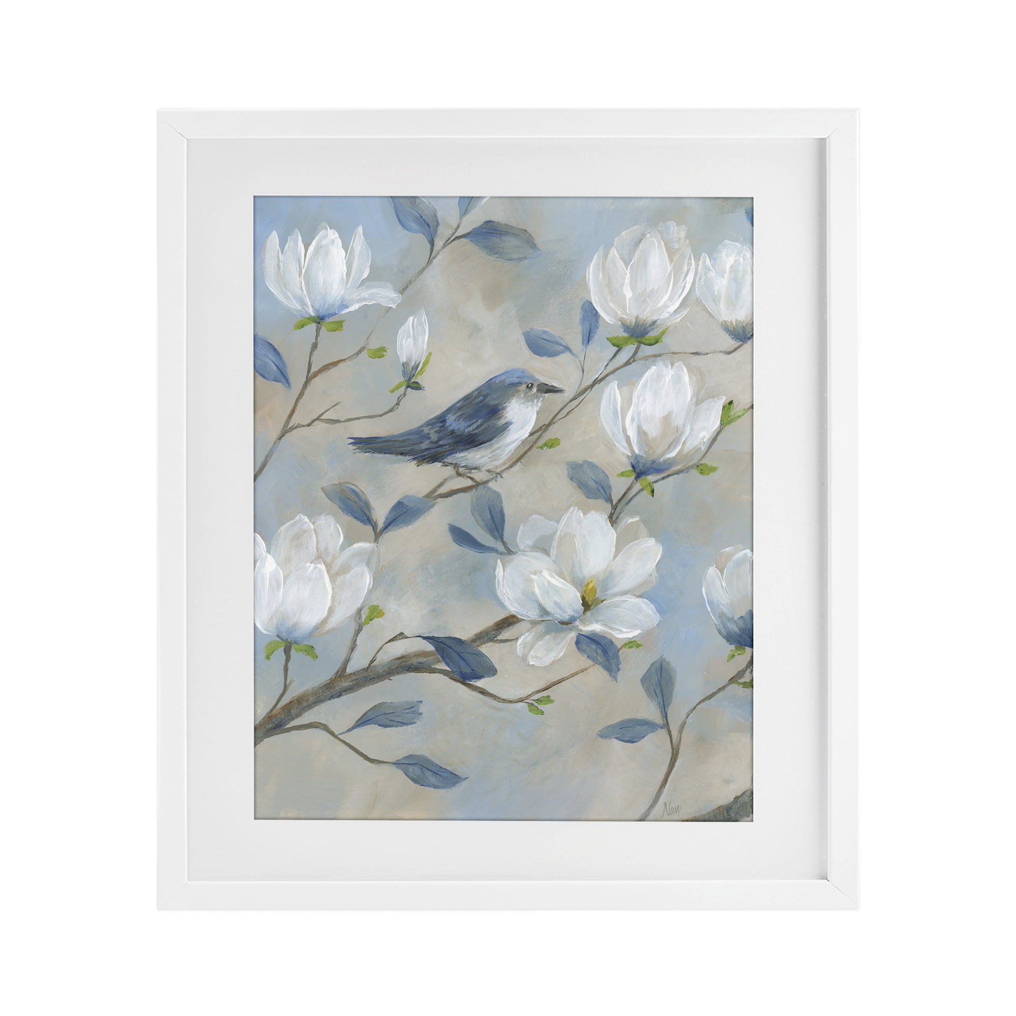 Stupell Industries Blue Bird & Magnolia White Framed Print Under Glass, design by Nan