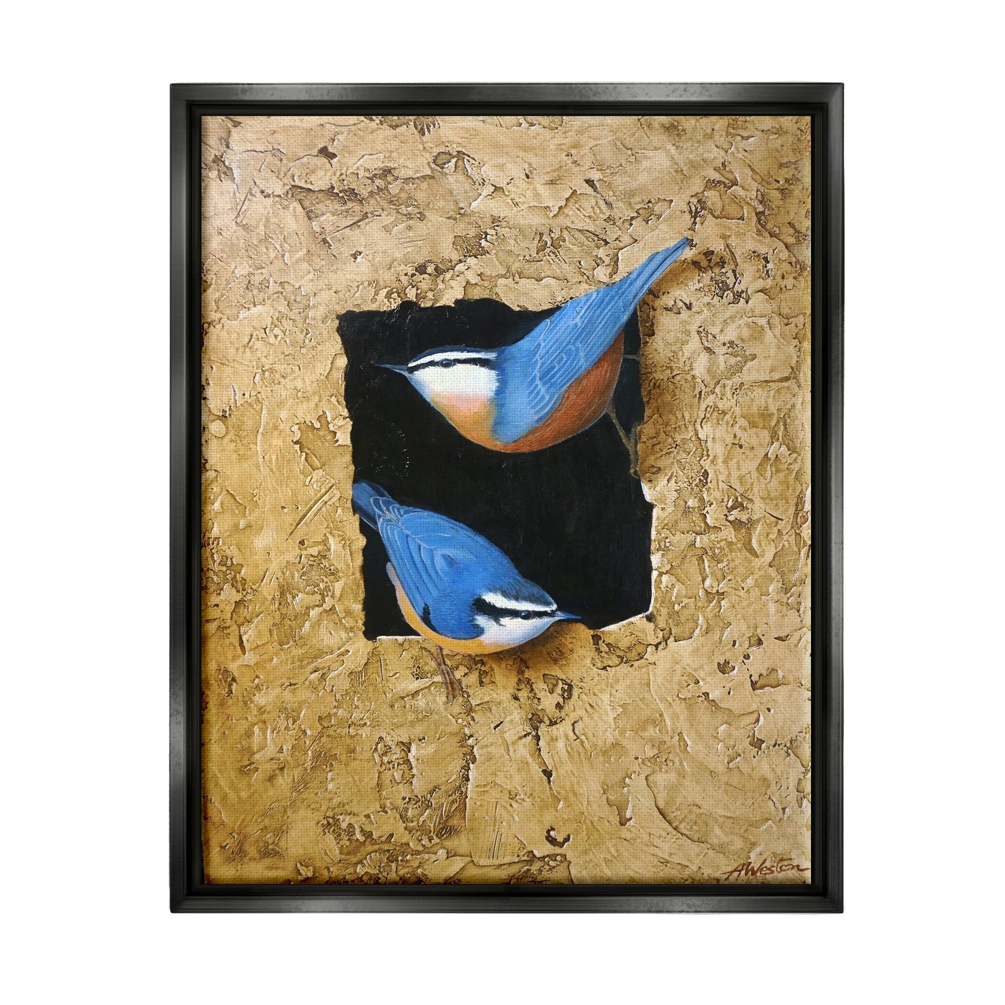 Stupell Industries Blue Bird Pair Perched Rough Layered Structure Painting Jet Black Floating Framed Canvas Print Wall Art, Design by Alan Weston