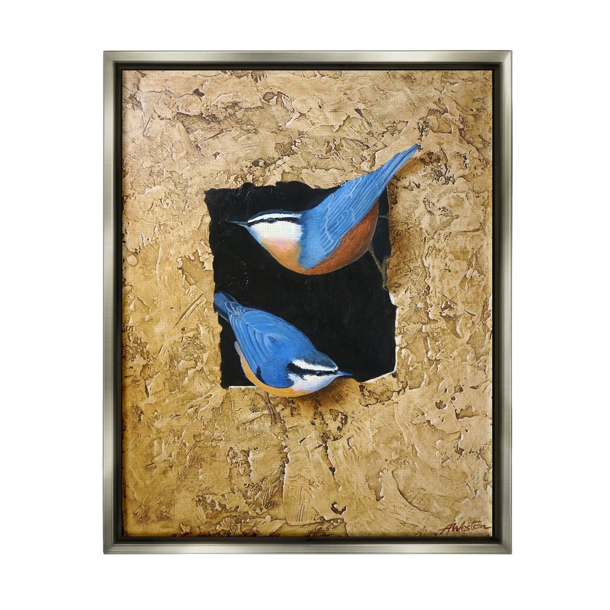 Stupell Industries Blue Bird Pair Perched Rough Layered Structure Painting Luster Gray Floating Framed Canvas Print Wall Art, Design by Alan Weston