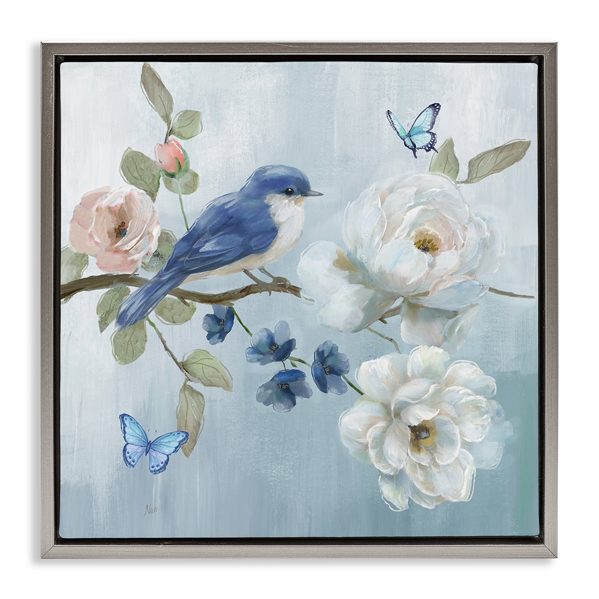 Stupell Industries Blue Bird Tranquility Gray Framed Floater Canvas Wall Art, design by Nan