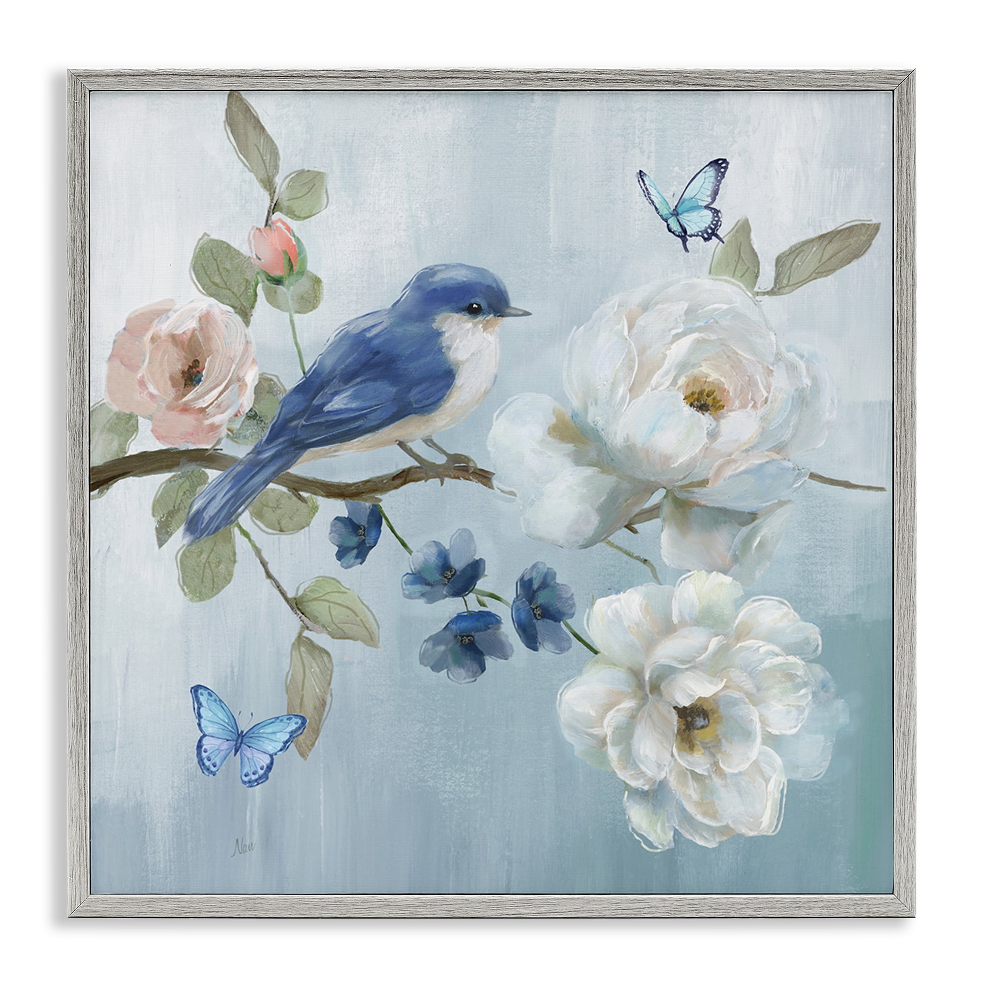 Stupell Industries Blue Bird Tranquility Gray Framed Giclee Art, design by Nan