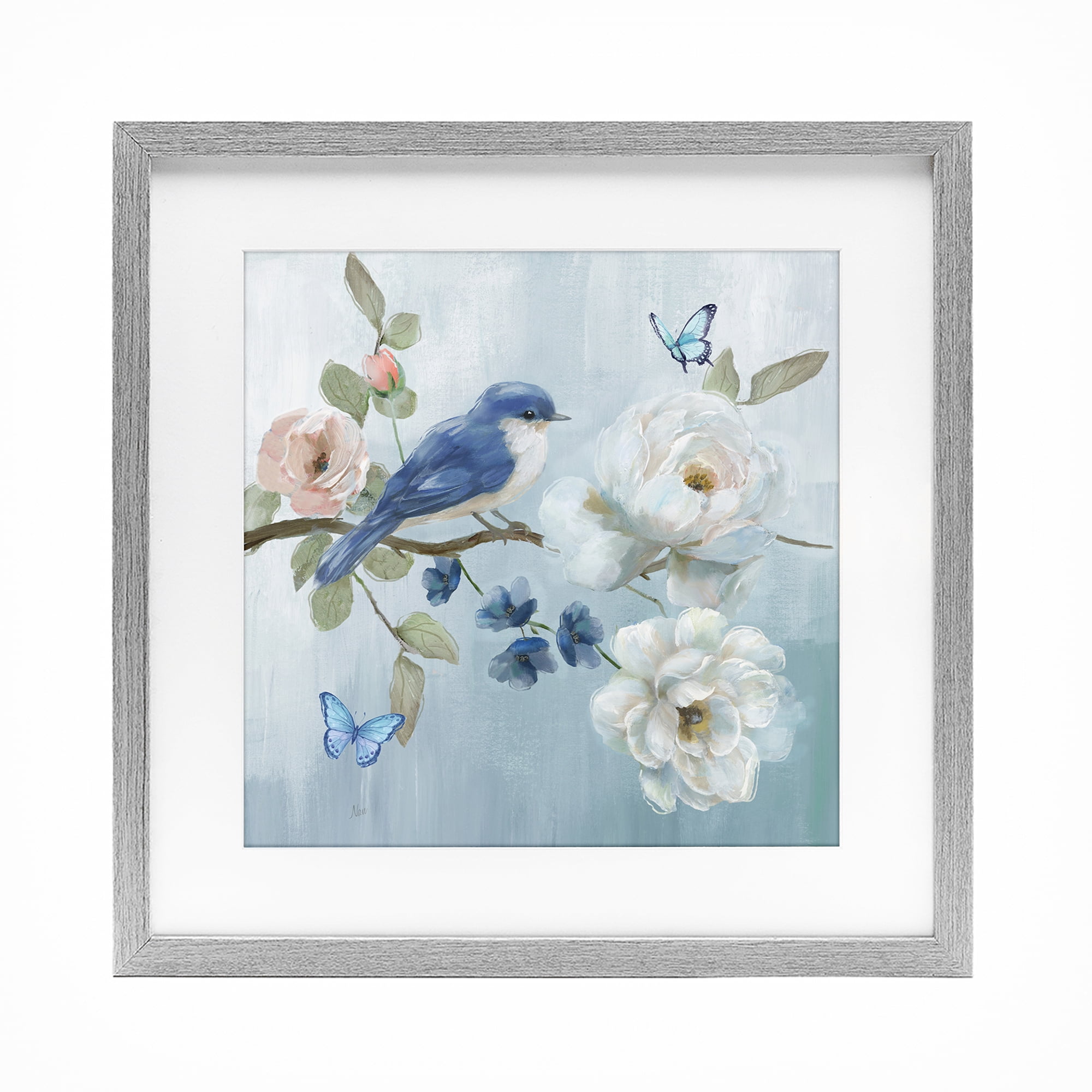 Stupell Industries Blue Bird Tranquility Gray Framed Print Under Glass, design by Nan