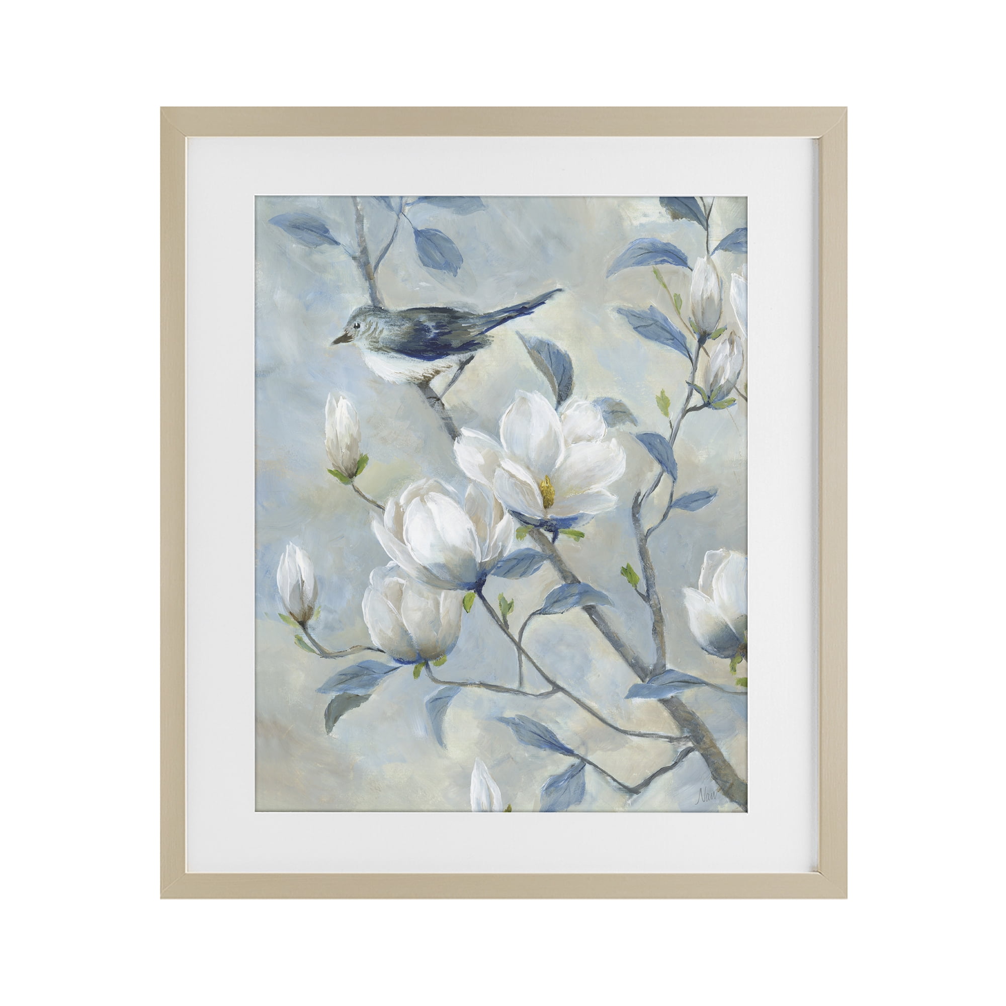Stupell Industries Blue Bird in Magnolia Tree Birch Framed Print Under Glass, design by Nan