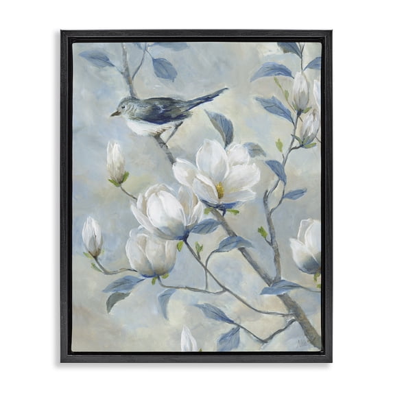 Stupell Industries Shabby Chic Blue Bird in Magnolia Tree Black Floating Frame Canvas Art, 17 x 21, by Nan