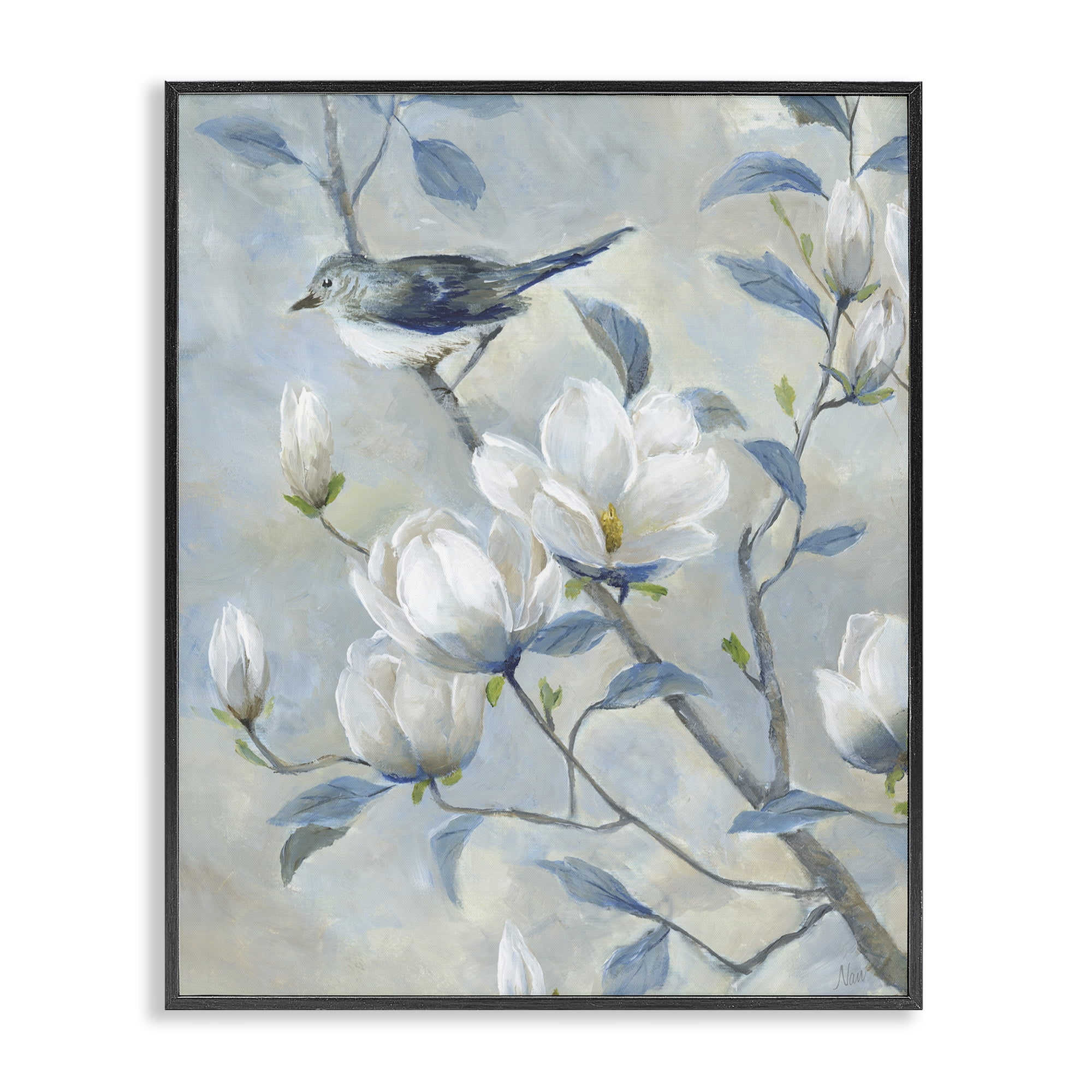 Stupell Industries Blue Bird in Magnolia Tree Black Framed Giclee Art, design by Nan
