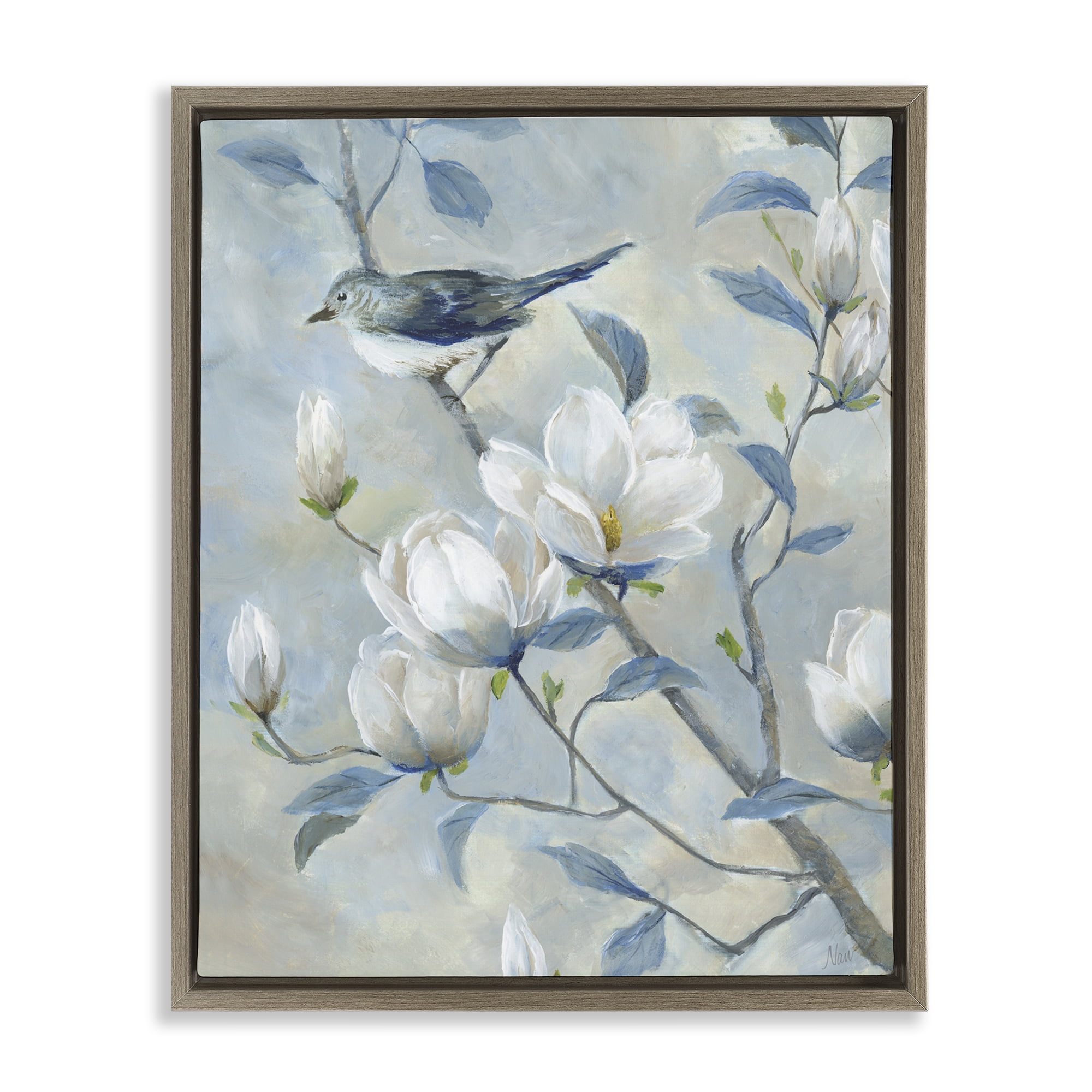 Stupell Industries Blue Bird in Magnolia Tree Brown Framed Floater Canvas Wall Art, design by Nan