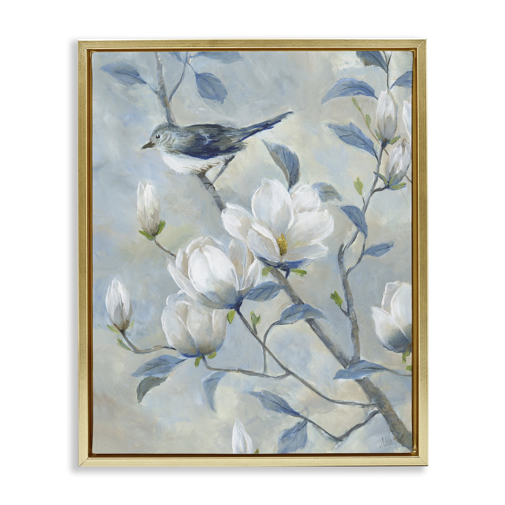 Stupell Industries Blue Bird in Magnolia Tree Gold Framed Floater Canvas Wall Art, design by Nan
