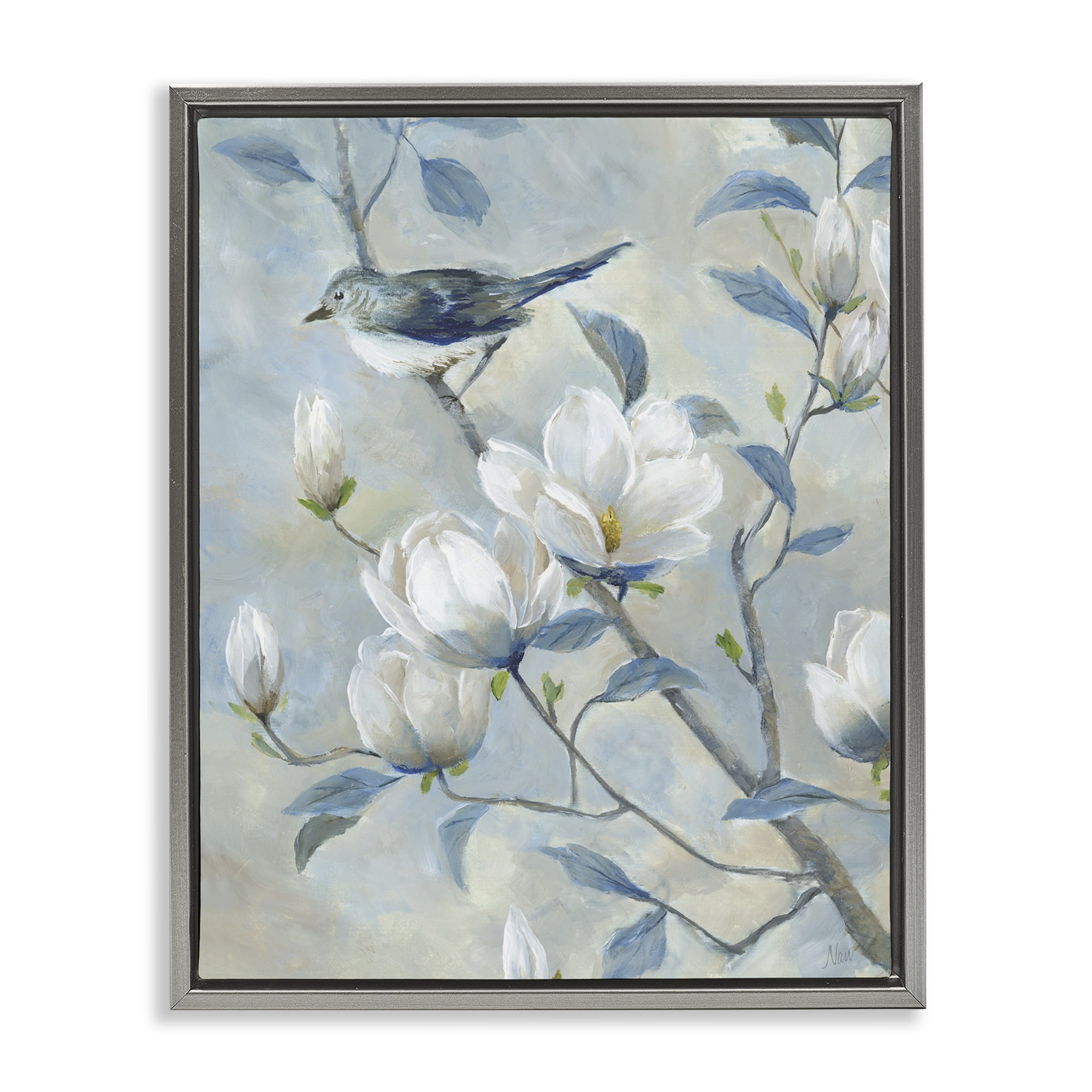 Stupell Industries Blue Bird in Magnolia Tree Gray Framed Floater Canvas Wall Art, design by Nan