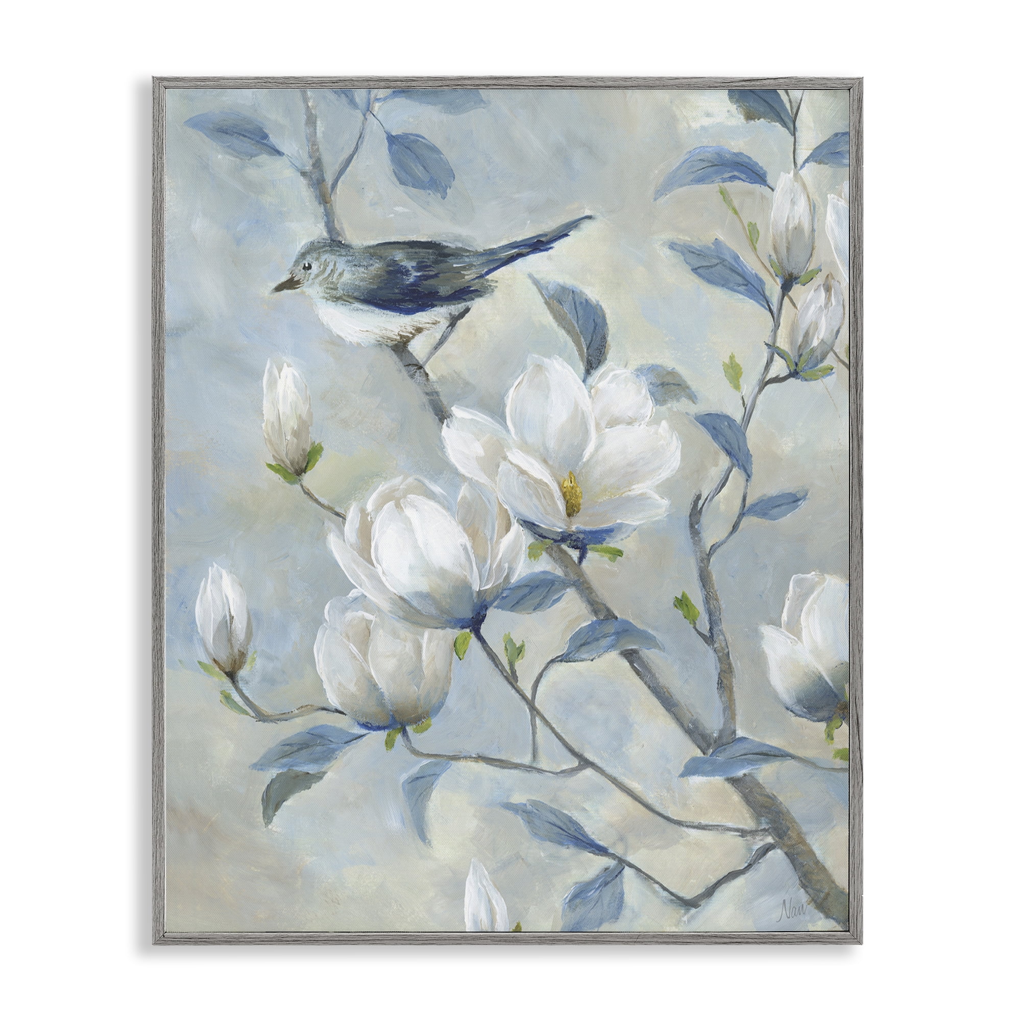 Stupell Industries Blue Bird in Magnolia Tree Gray Framed Giclee Art, design by Nan