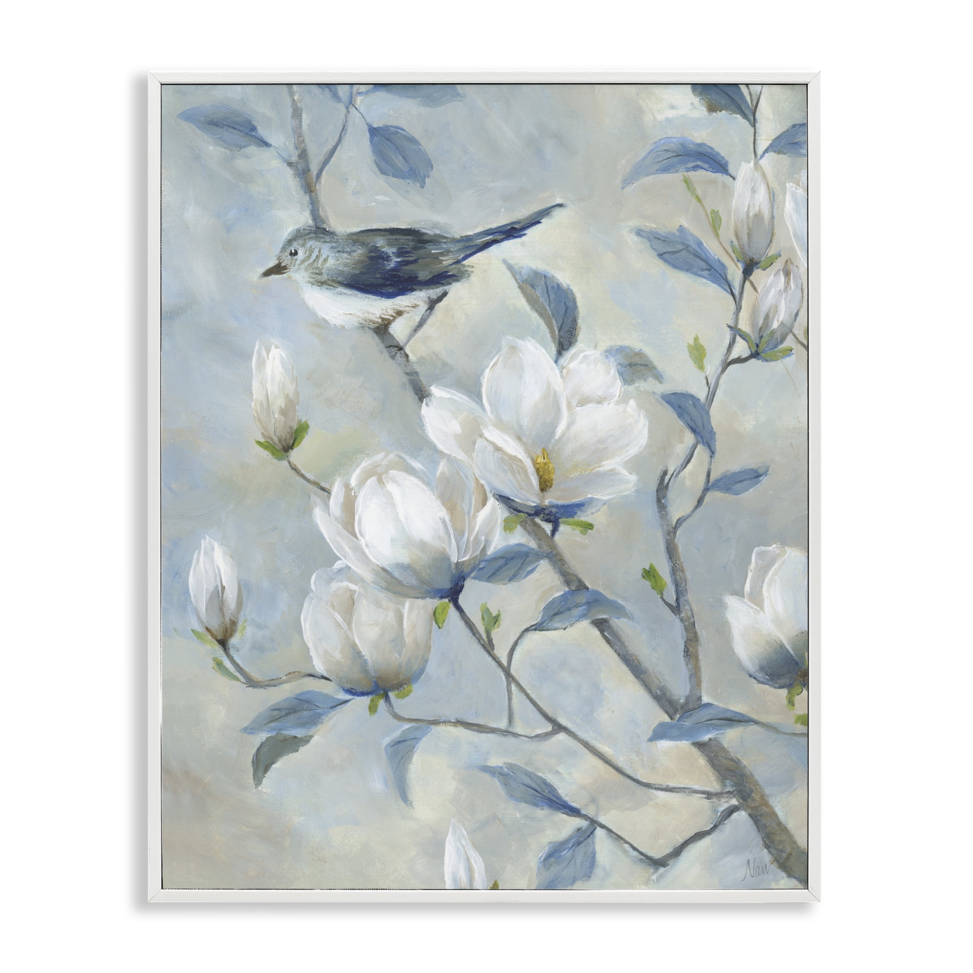 Stupell Industries Blue Bird in Magnolia Tree White Framed Giclee Art, design by Nan
