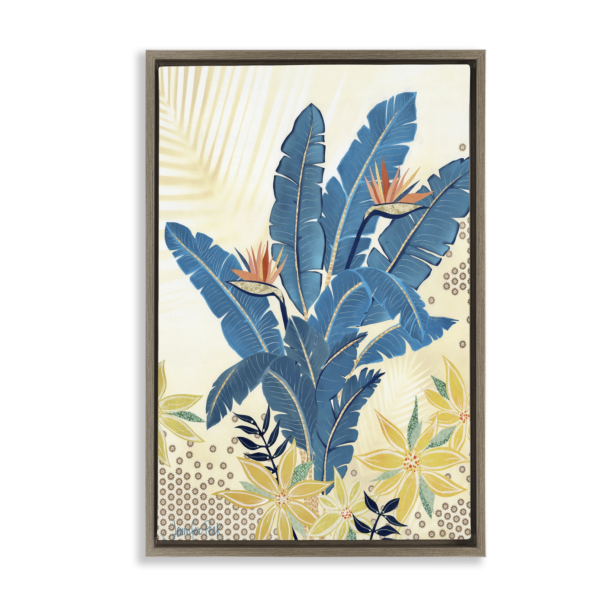 Stupell Industries Blue Birds Of Paradise Botanical & Floral Painting Brown Floater Framed Art Print Wall Art, 17 x 25