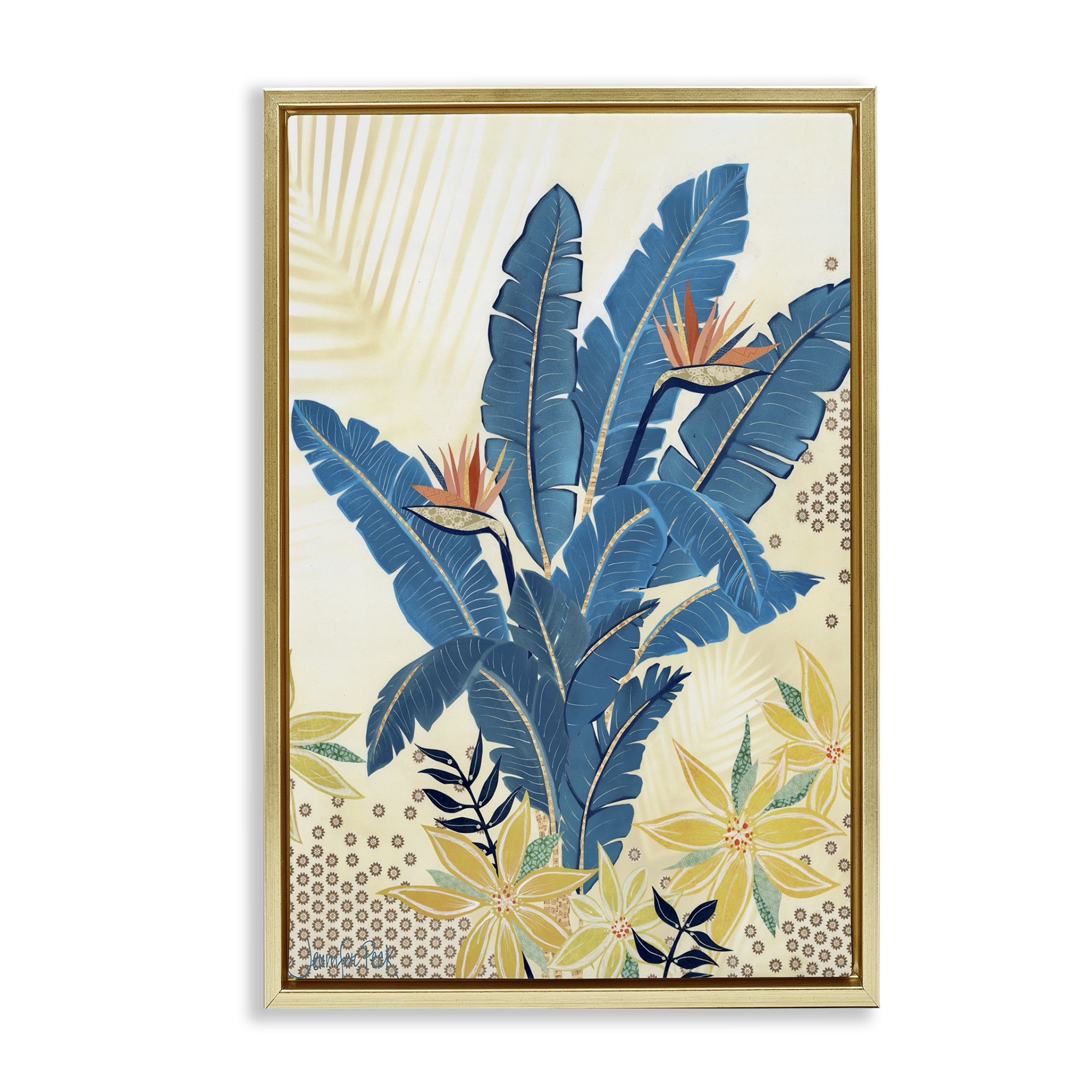 Stupell Industries Blue Birds Of Paradise Botanical & Floral Painting Gold Floater Framed Art Print Wall Art, 21 x 31