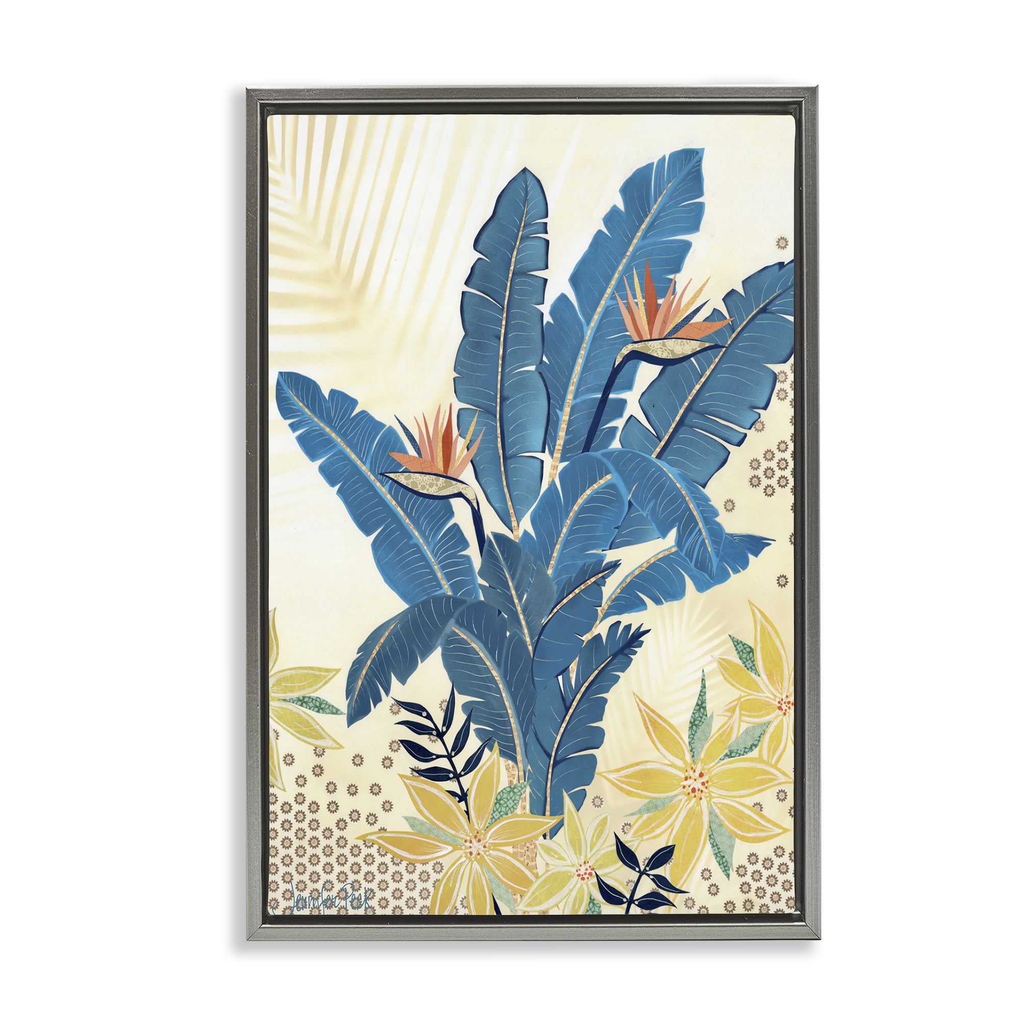 Stupell Industries Blue Birds Of Paradise Botanical & Floral Painting Gray Floater Framed Art Print Wall Art, 17 x 25