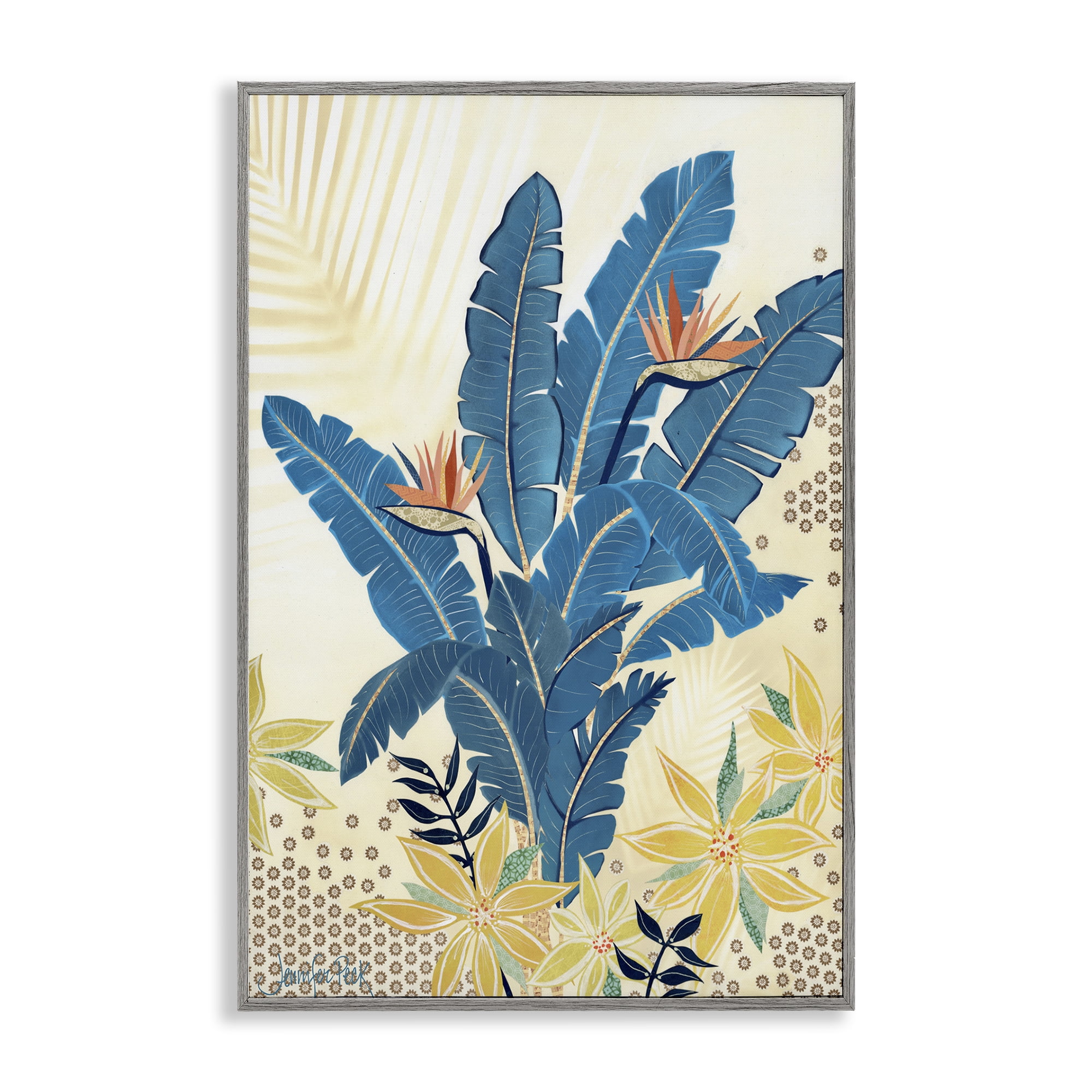 Blue and Yellow Botanical Birds of Paradise Print in Gray Frame