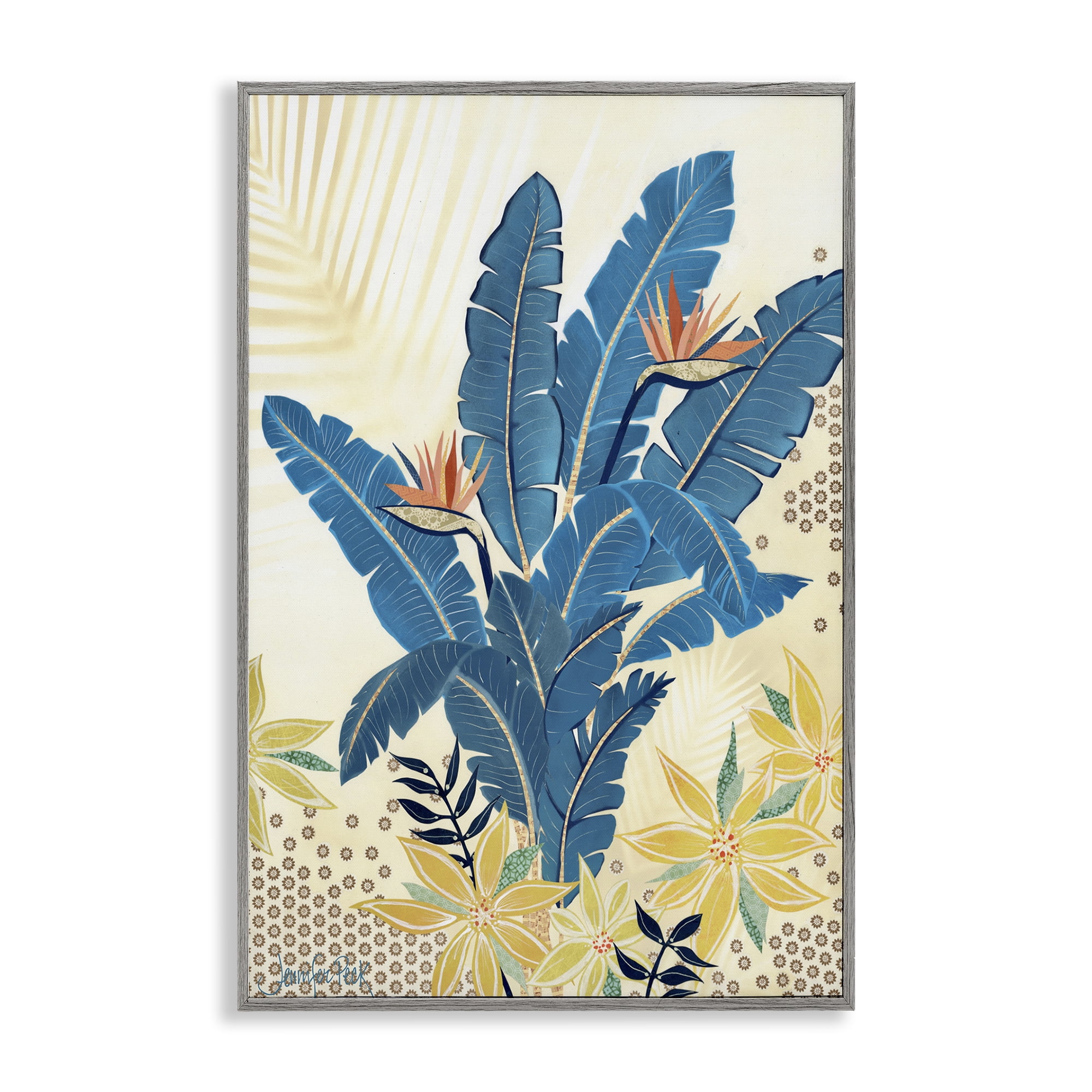 Stupell Industries Blue Birds Of Paradise Botanical & Floral Painting Gray Framed Art Print Wall Art, 16 x 24