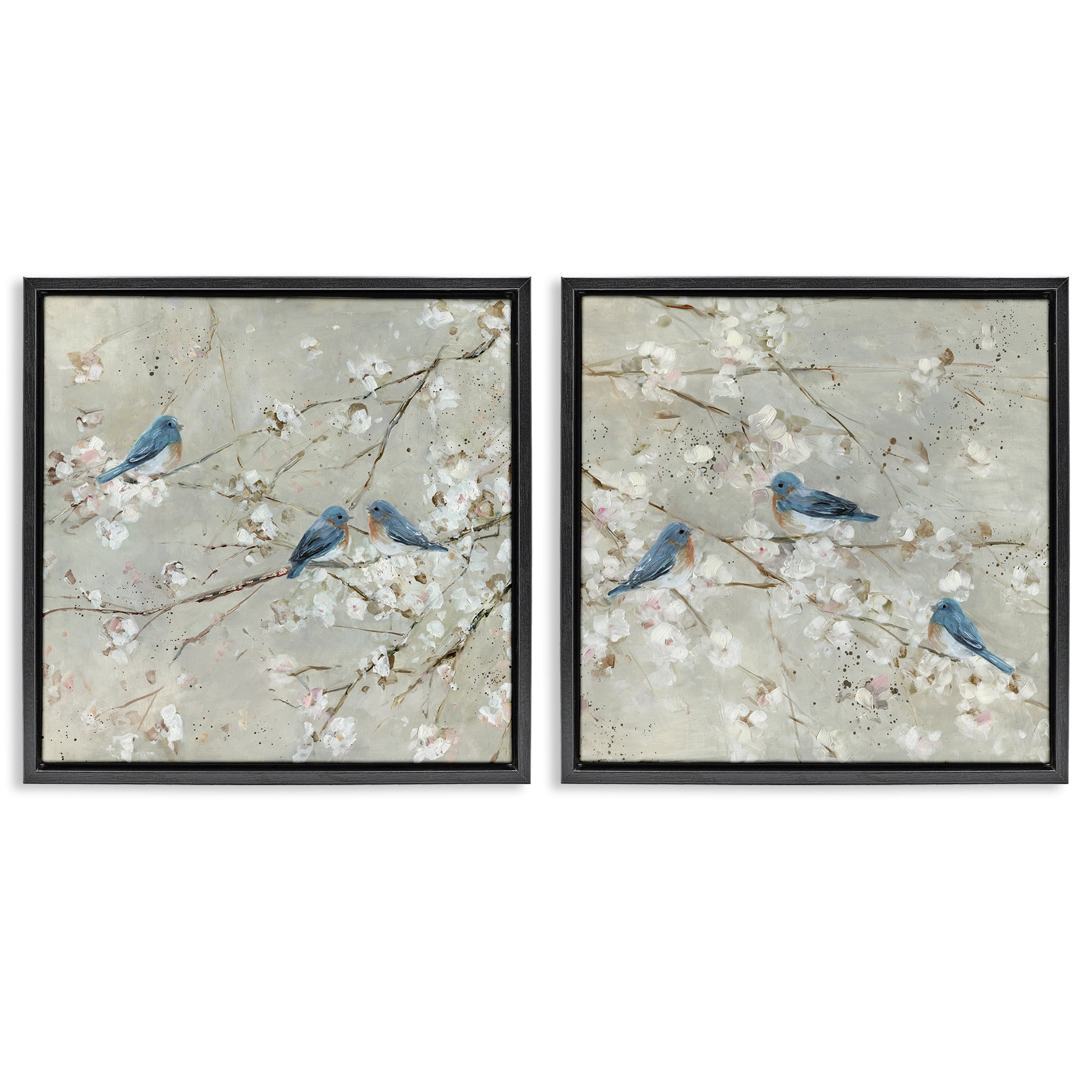 Stupell Industries Blue Birds Perched Tree Blossoms Animals & Insects Painting Black Floater Framed Canvas Art Print Wall Art, 25 x 25, Set of 2