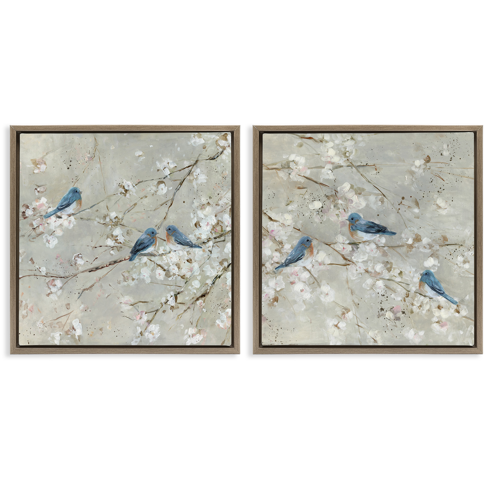 Stupell Industries Blue Birds Perched Tree Blossoms Animals & Insects Painting Brown Floater Framed Canvas Art Print Wall Art, 25 x 25, Set of 2