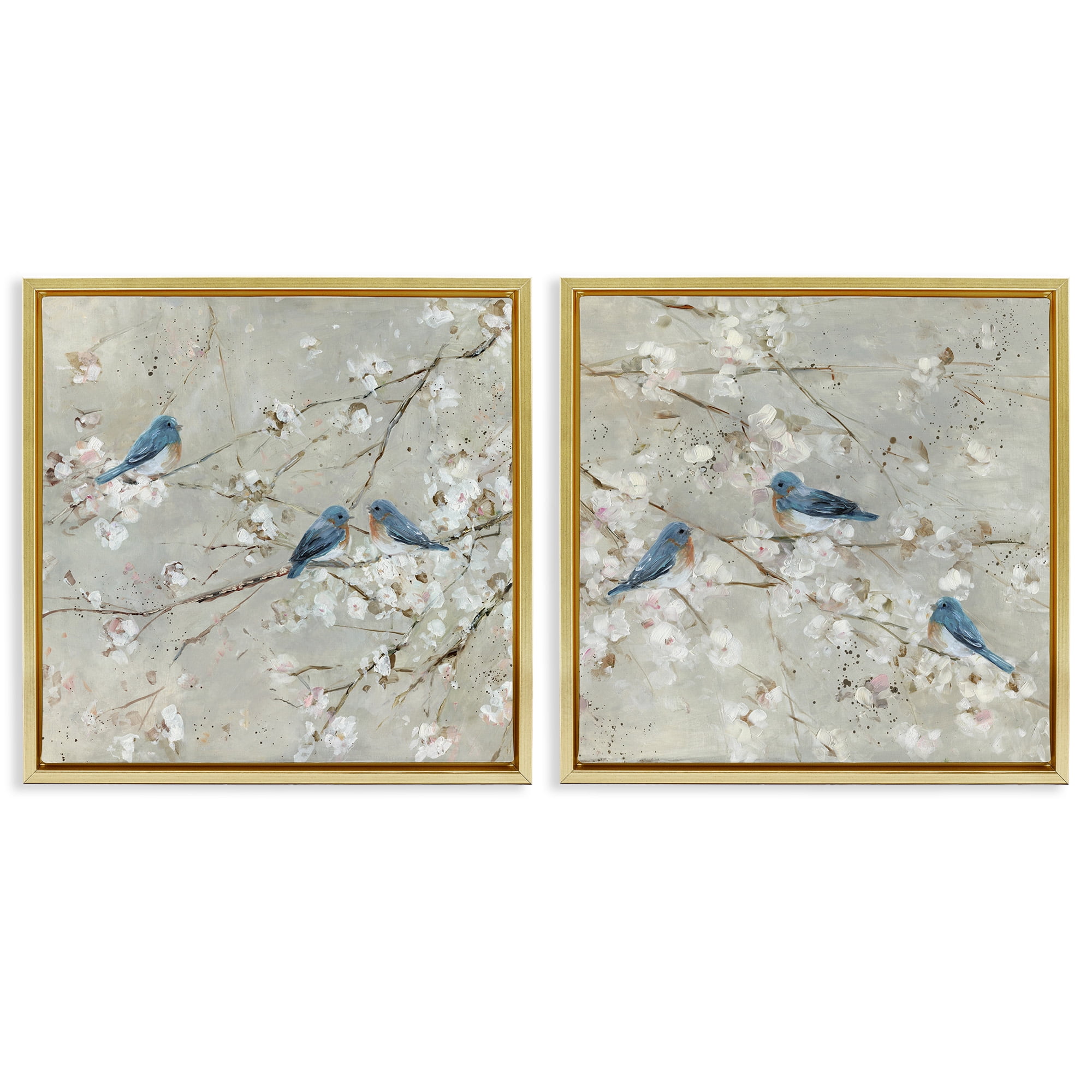 Stupell Industries Blue Birds Perched Tree Blossoms Animals & Insects Painting Gold Floater Framed Canvas Art Print Wall Art, 25 x 25, Set of 2