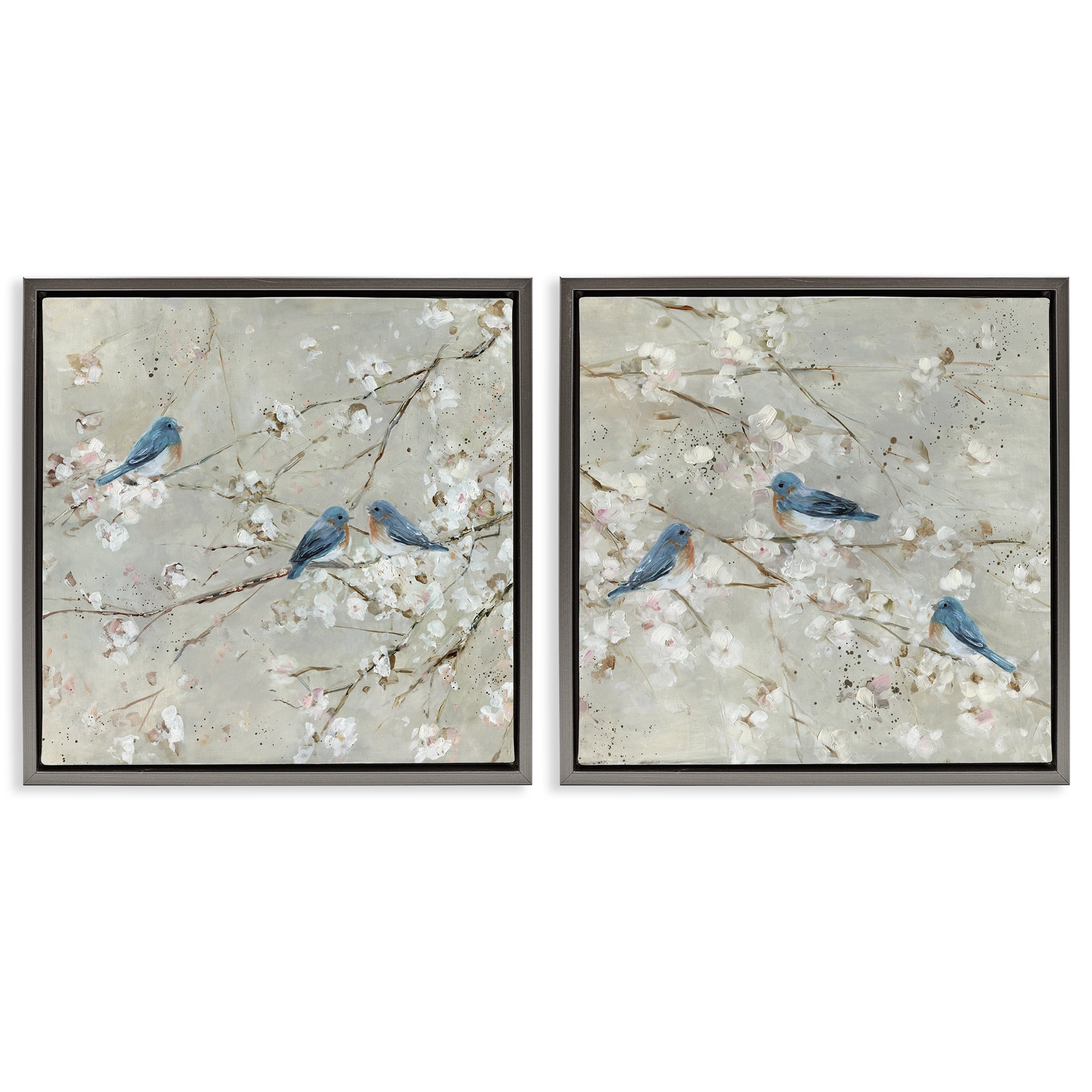 Stupell Industries Blue Birds Perched Tree Blossoms Animals & Insects Painting Gray Floater Framed Canvas Art Print Wall Art, 25 x 25, Set of 2