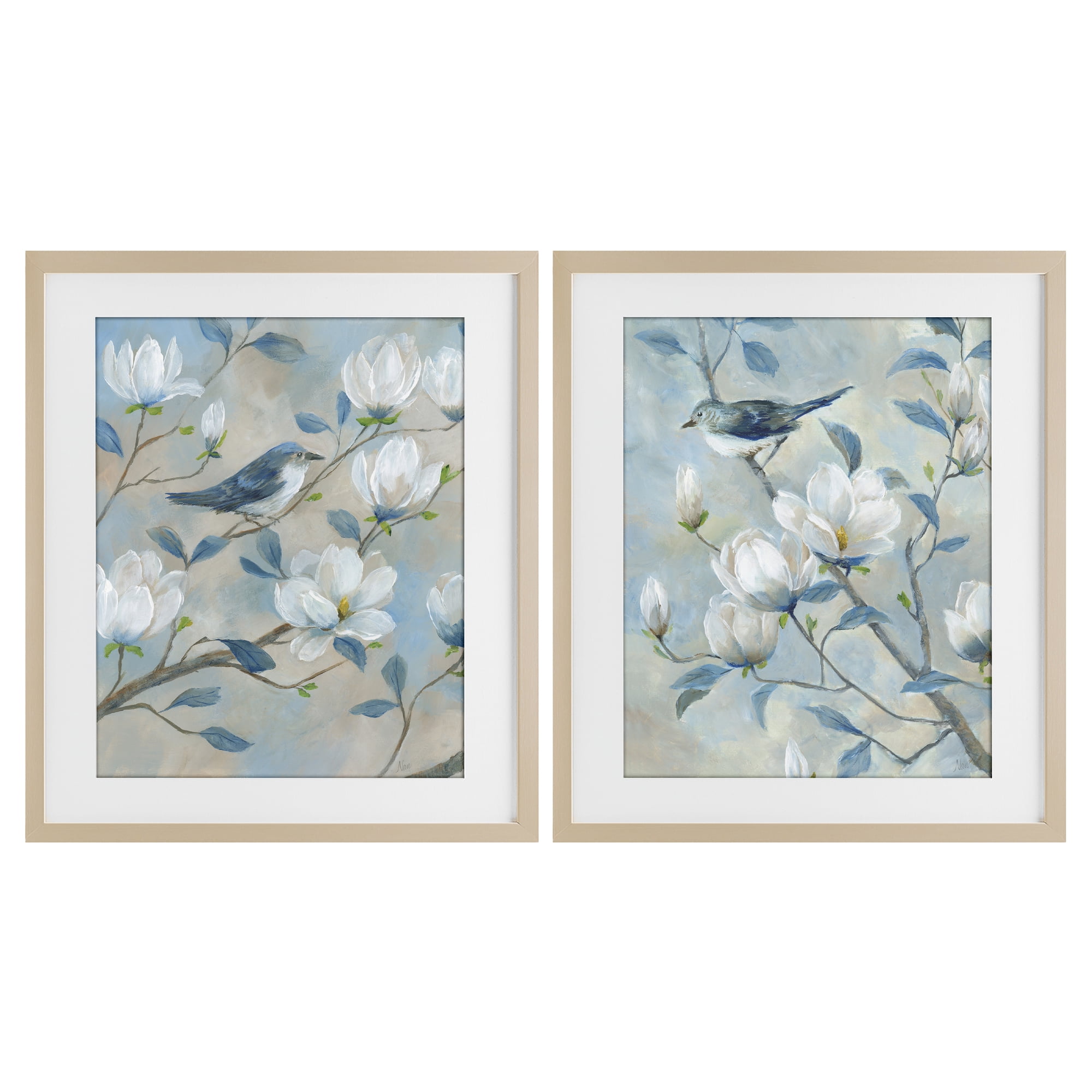 Stupell Industries Blue Birds in Magnolia Tree 2 Piece Birch Framed Print Under Glass Set, design by Nan