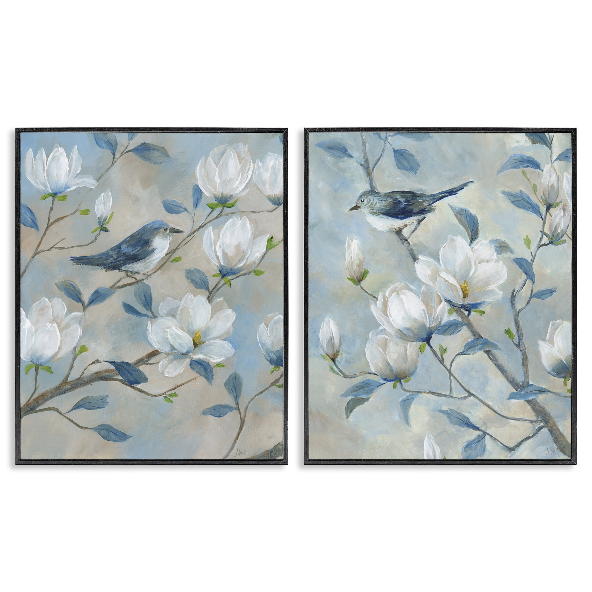 Stupell Industries Blue Birds in Magnolia Tree 2 Piece Black Framed Giclee Art Set, design by Nan
