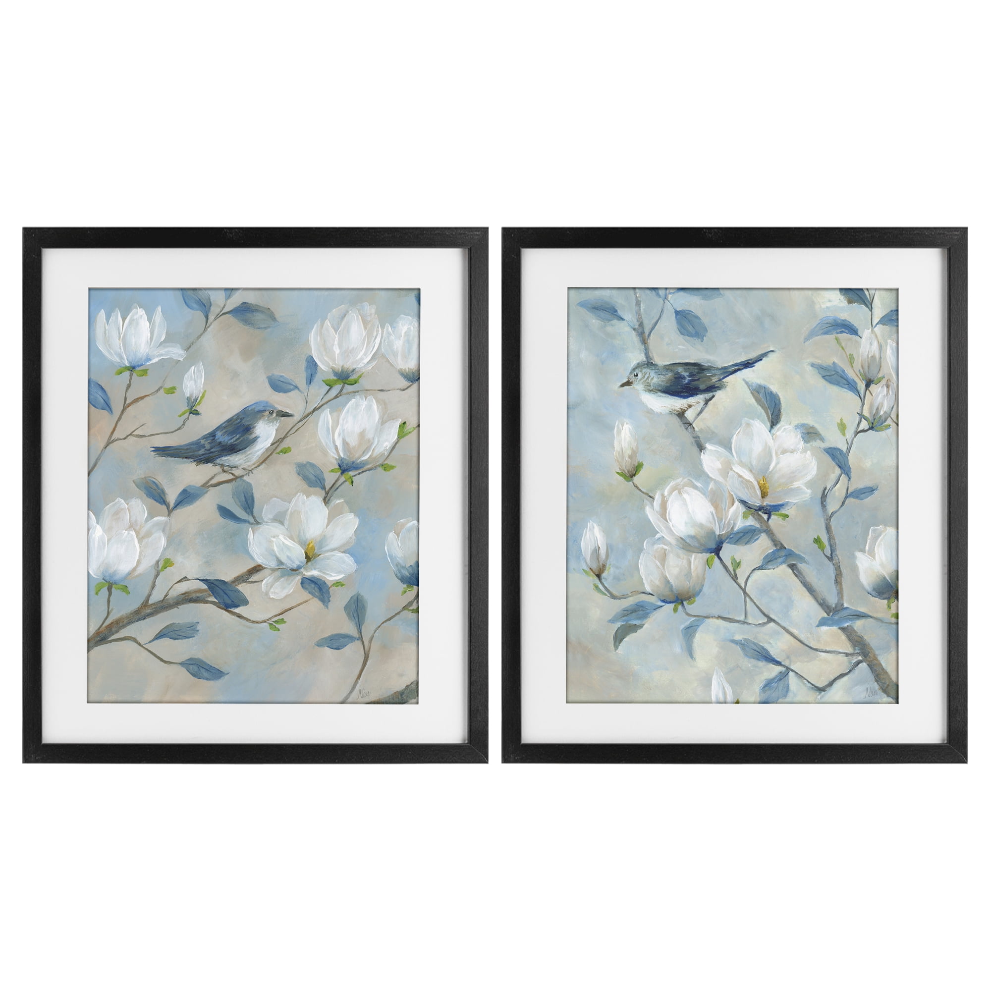 Stupell Industries Blue Birds in Magnolia Tree 2 Piece Black Framed Print Under Glass Set, design by Nan