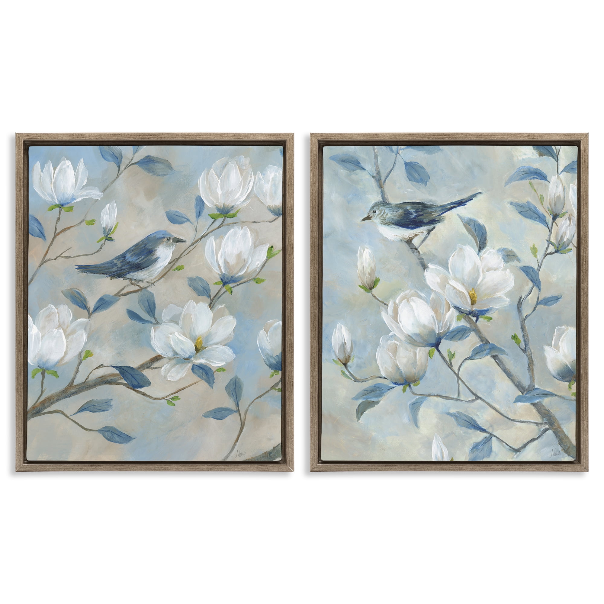 Stupell Industries Blue Birds in Magnolia Tree 2 Piece Brown Framed Floater Canvas Set, design by Nan