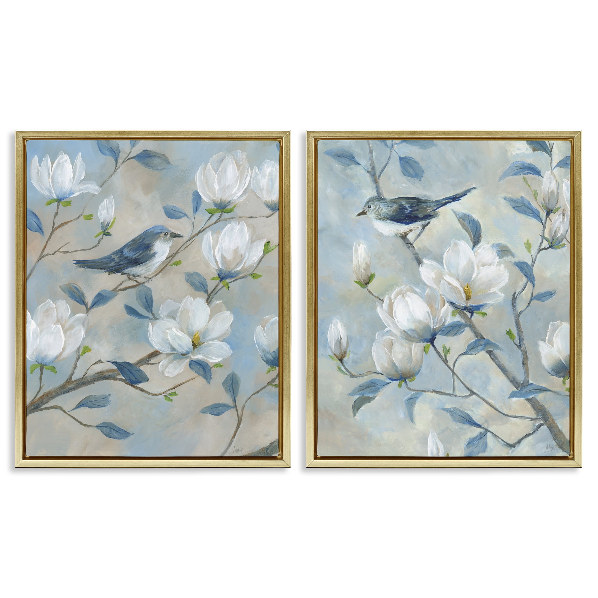 Stupell Industries Blue Birds in Magnolia Tree 2 Piece Gold Framed Floater Canvas Set, design by Nan